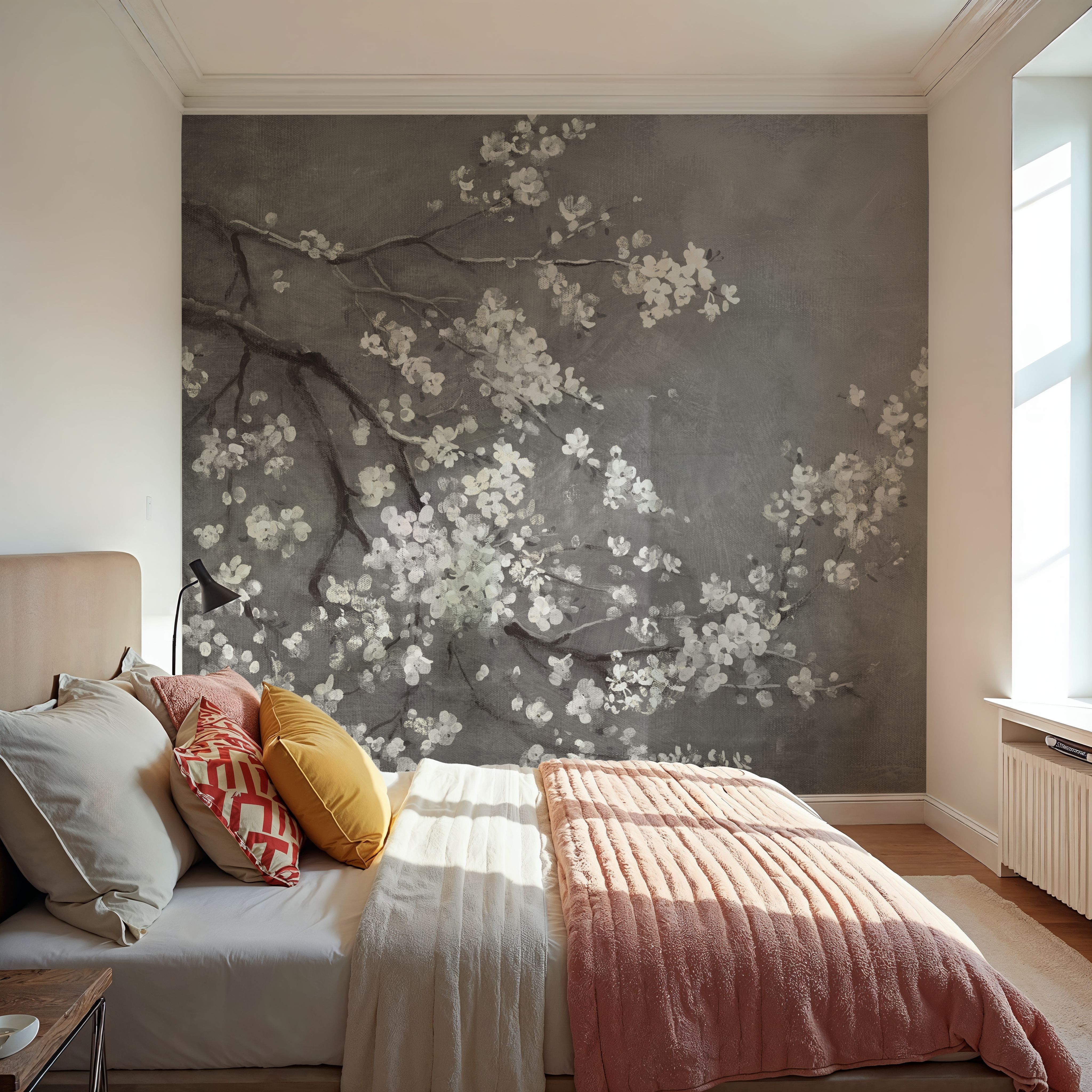 White Cherry Blossoms I on Grey