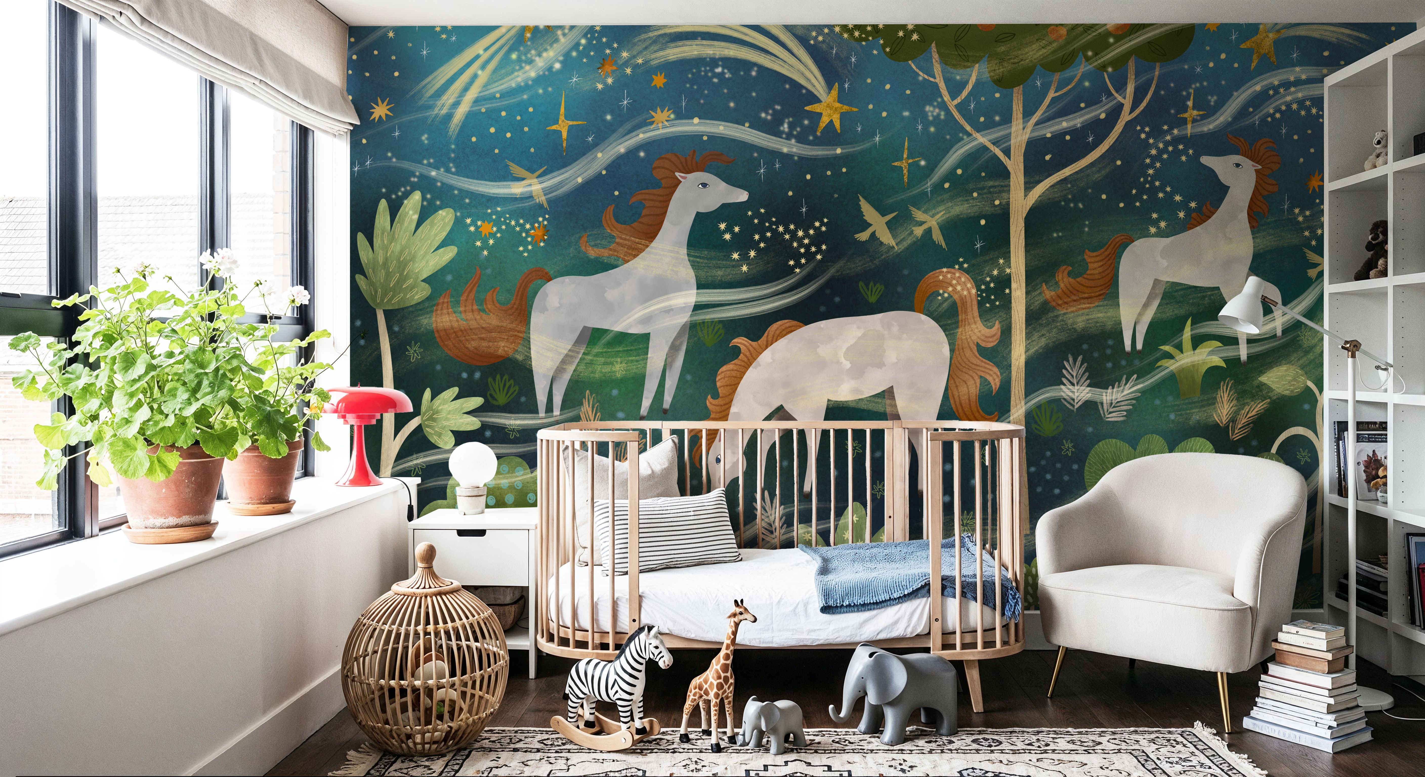 Enchanted Horses, Midnight Blue, Wallpaper