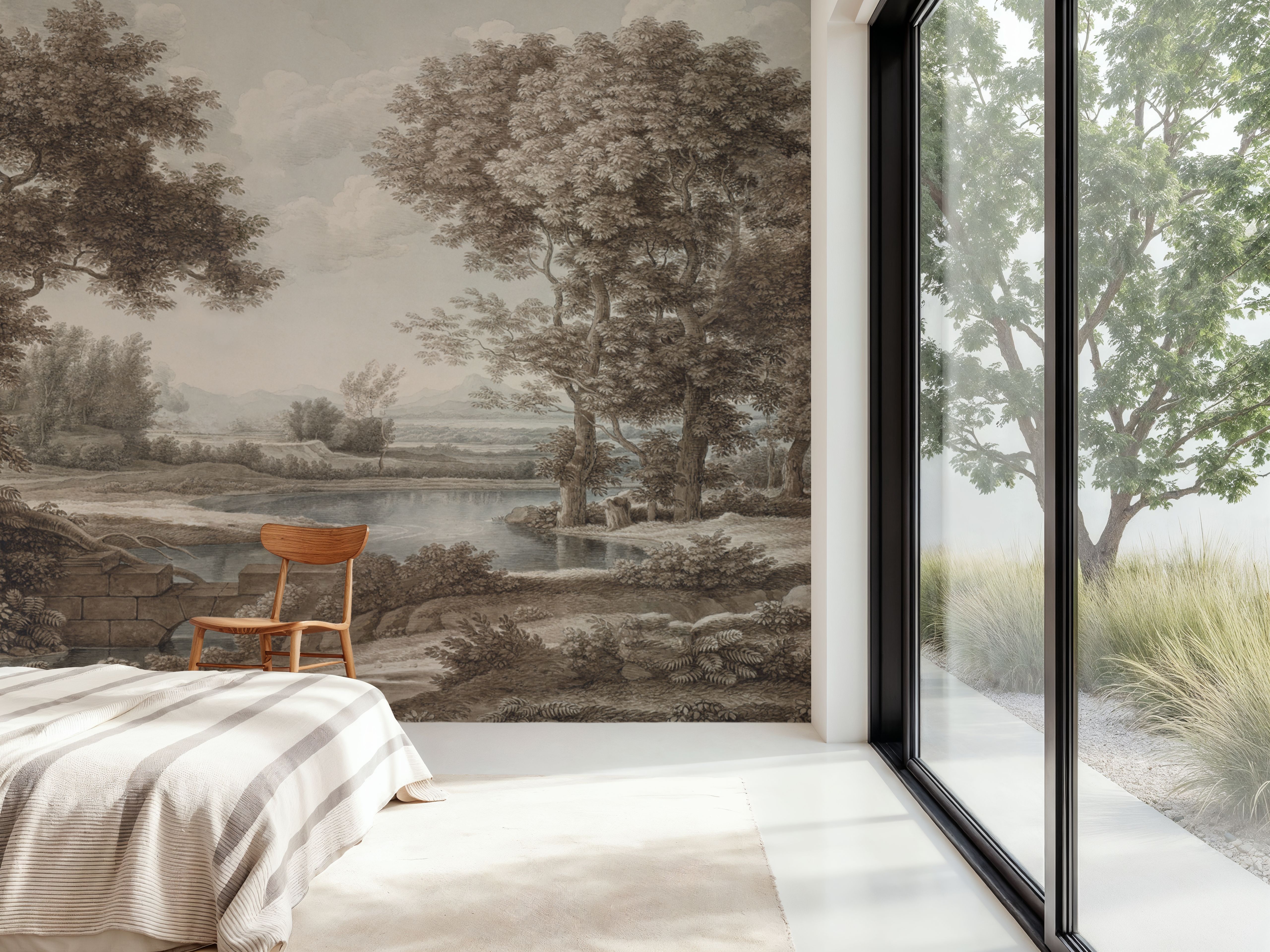 Riverbank Oak Landscape, Vintage