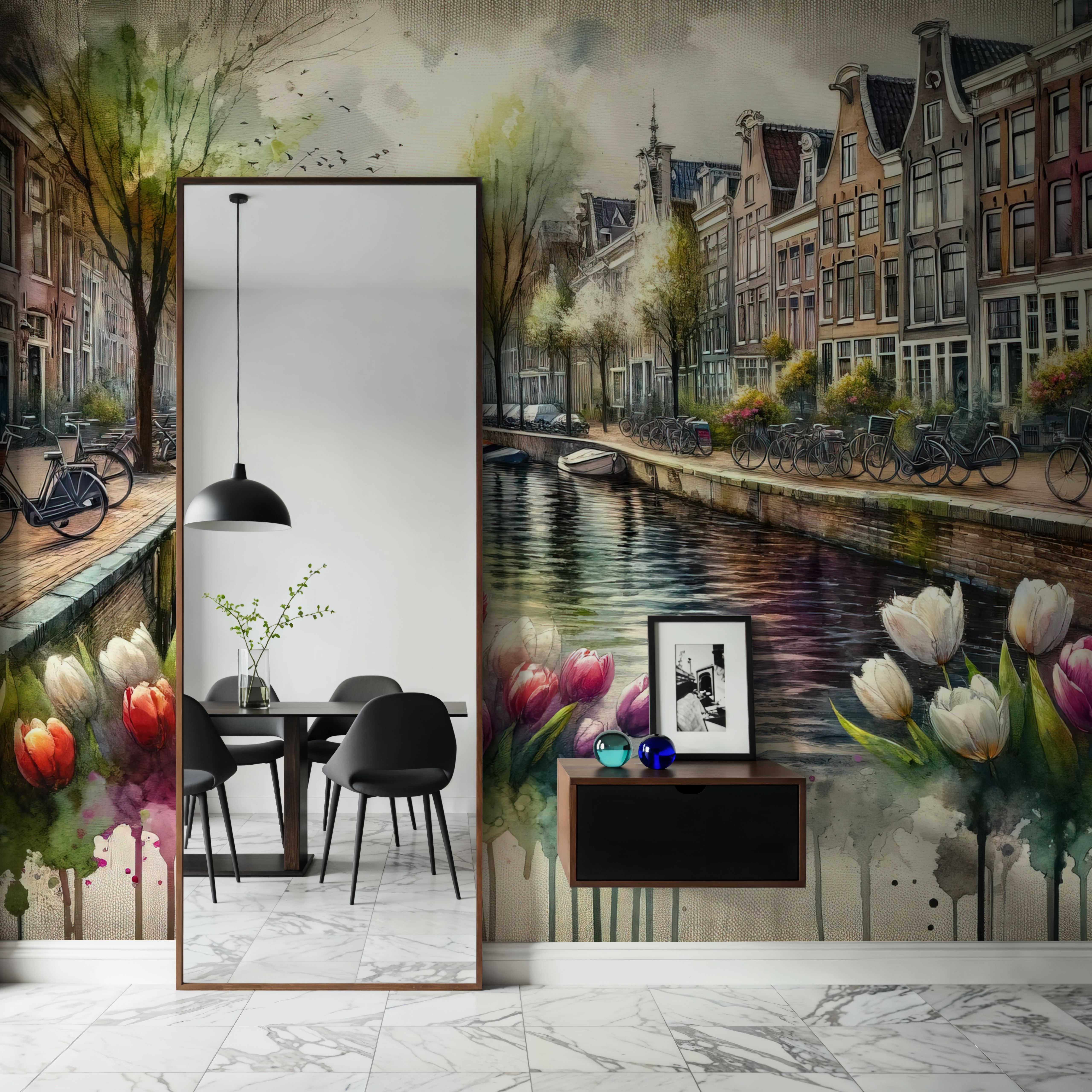 Watercolor Canal Scene Dutch Houses