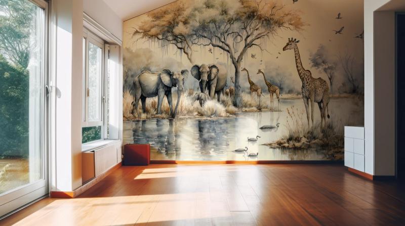 By the Waterhole wallpaper mural 100% PVC-free and non-toxic