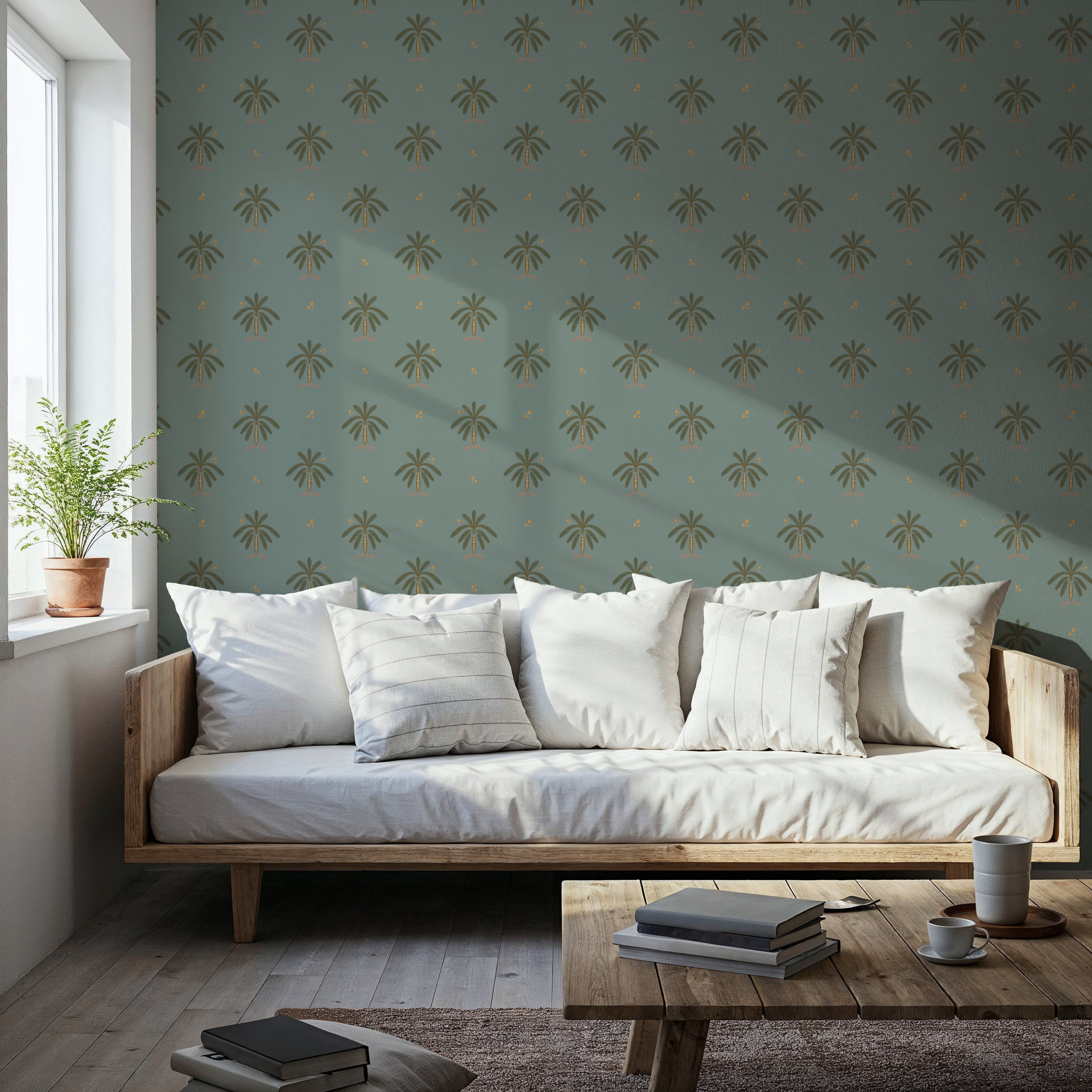 Boho Palms-Cave, Blue Green, Wallpaper