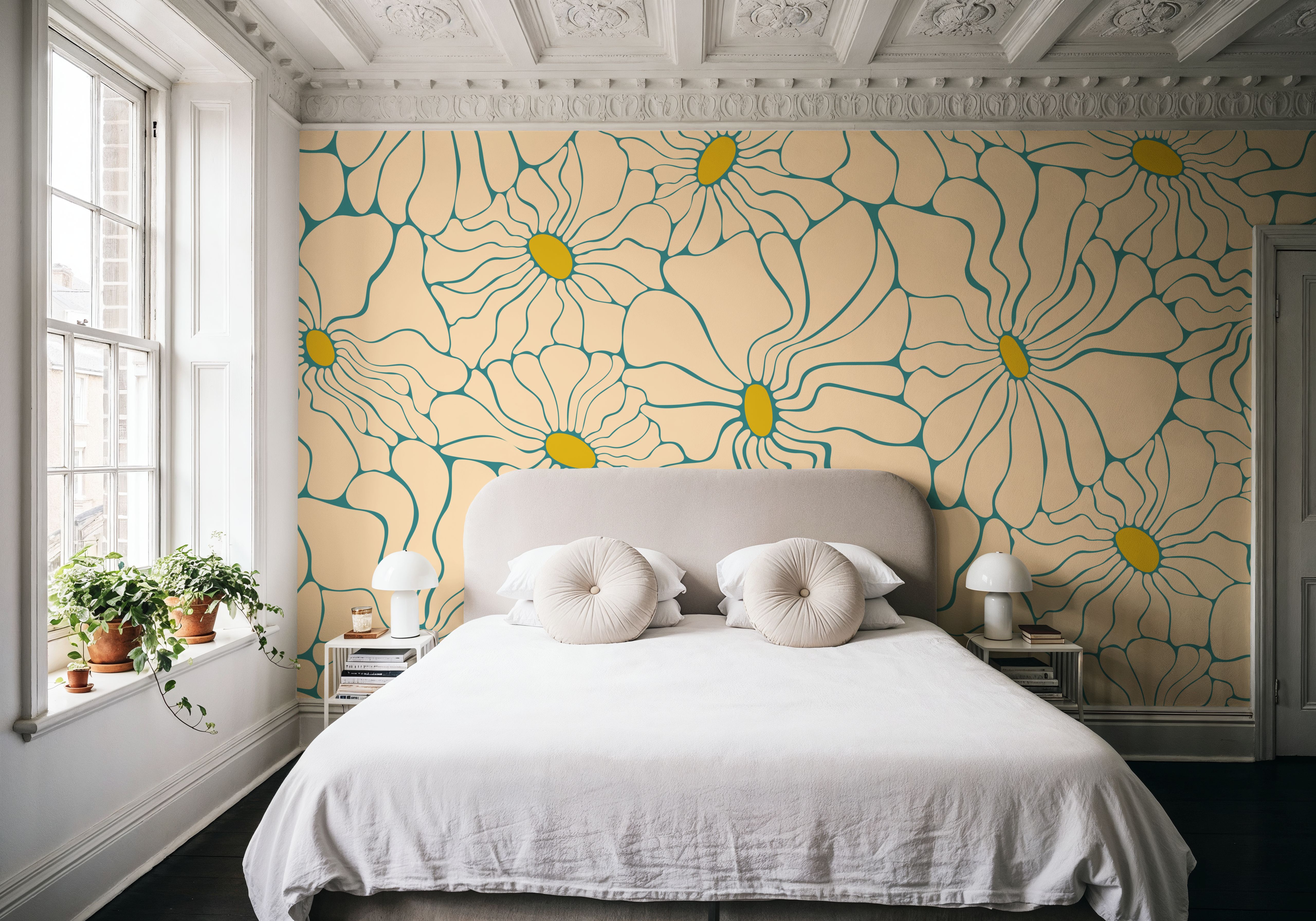 Cool Fluid Flowers Mural, Cream, Papier peint