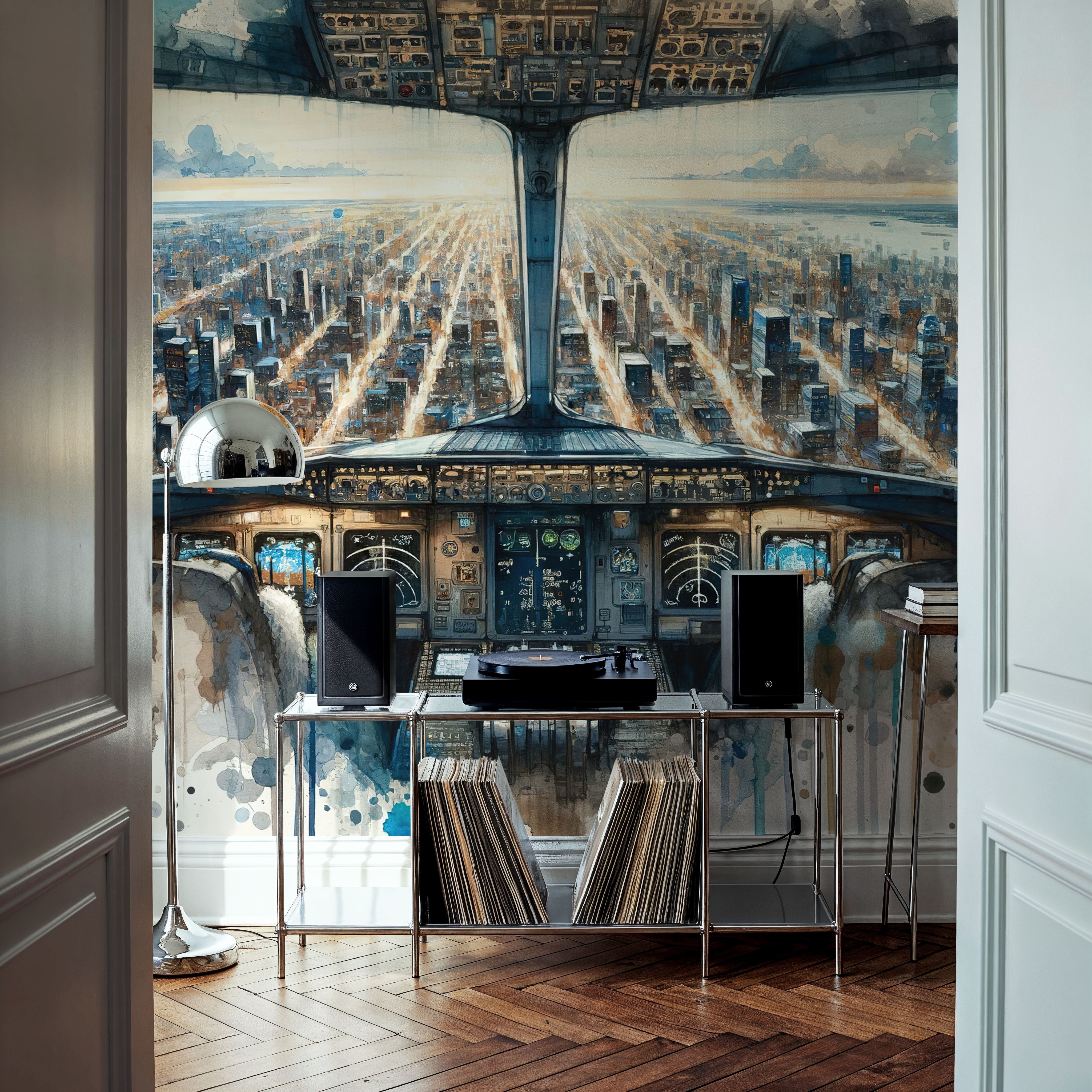 Cityscape from Airplane Cockpit