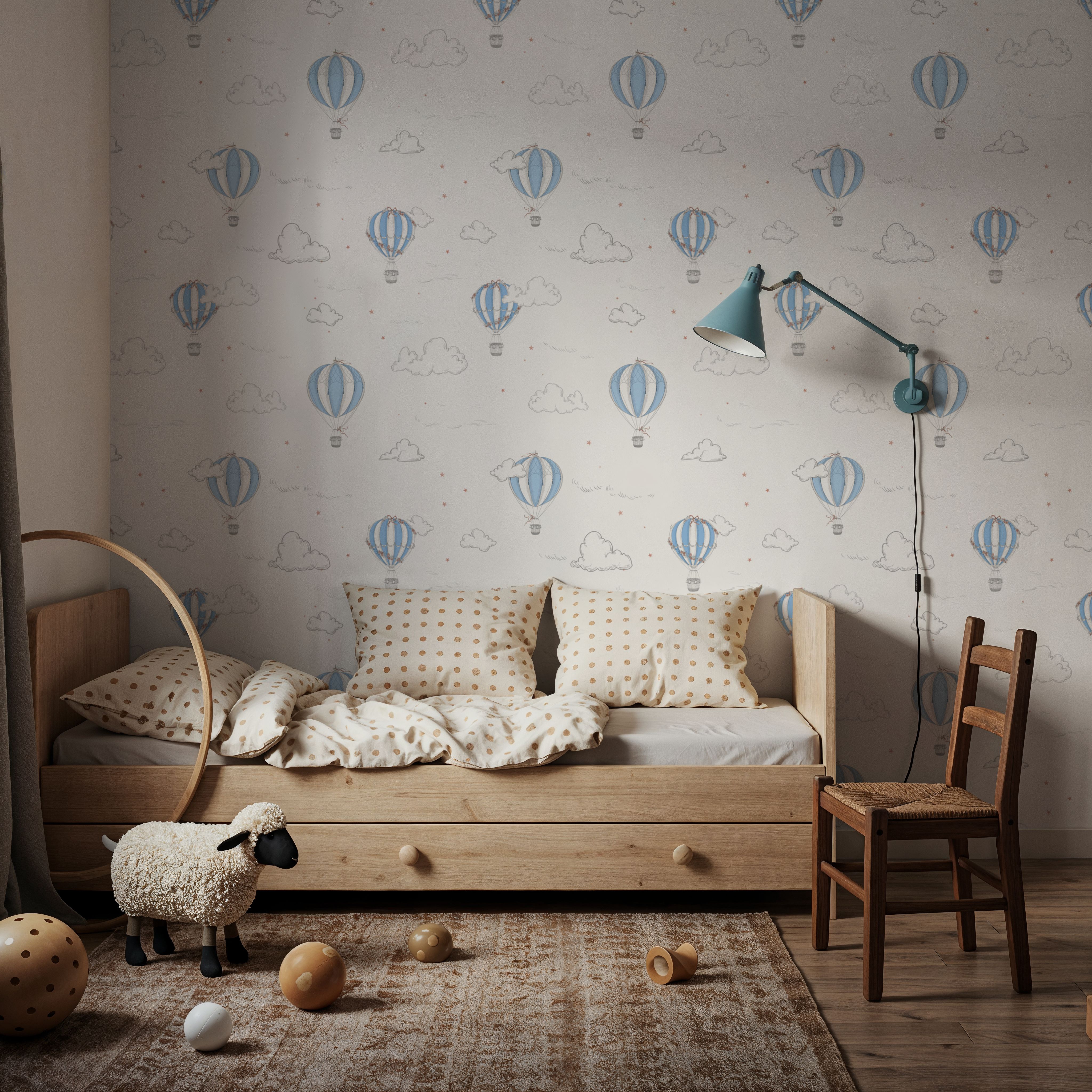 Petite Hot Air Balloons, Sky Blue, Wallpaper
