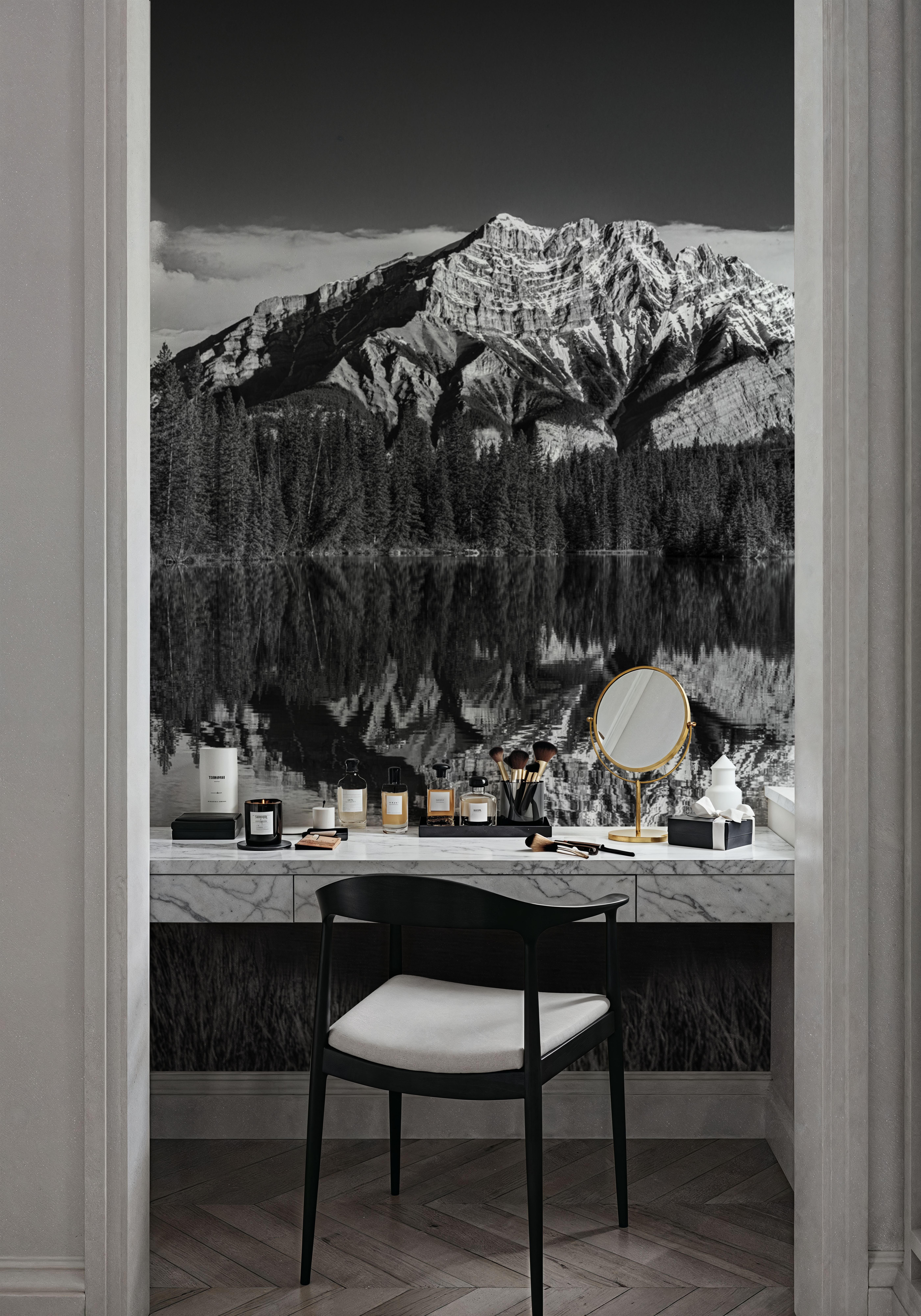 Cascade Mountain Reflection BW