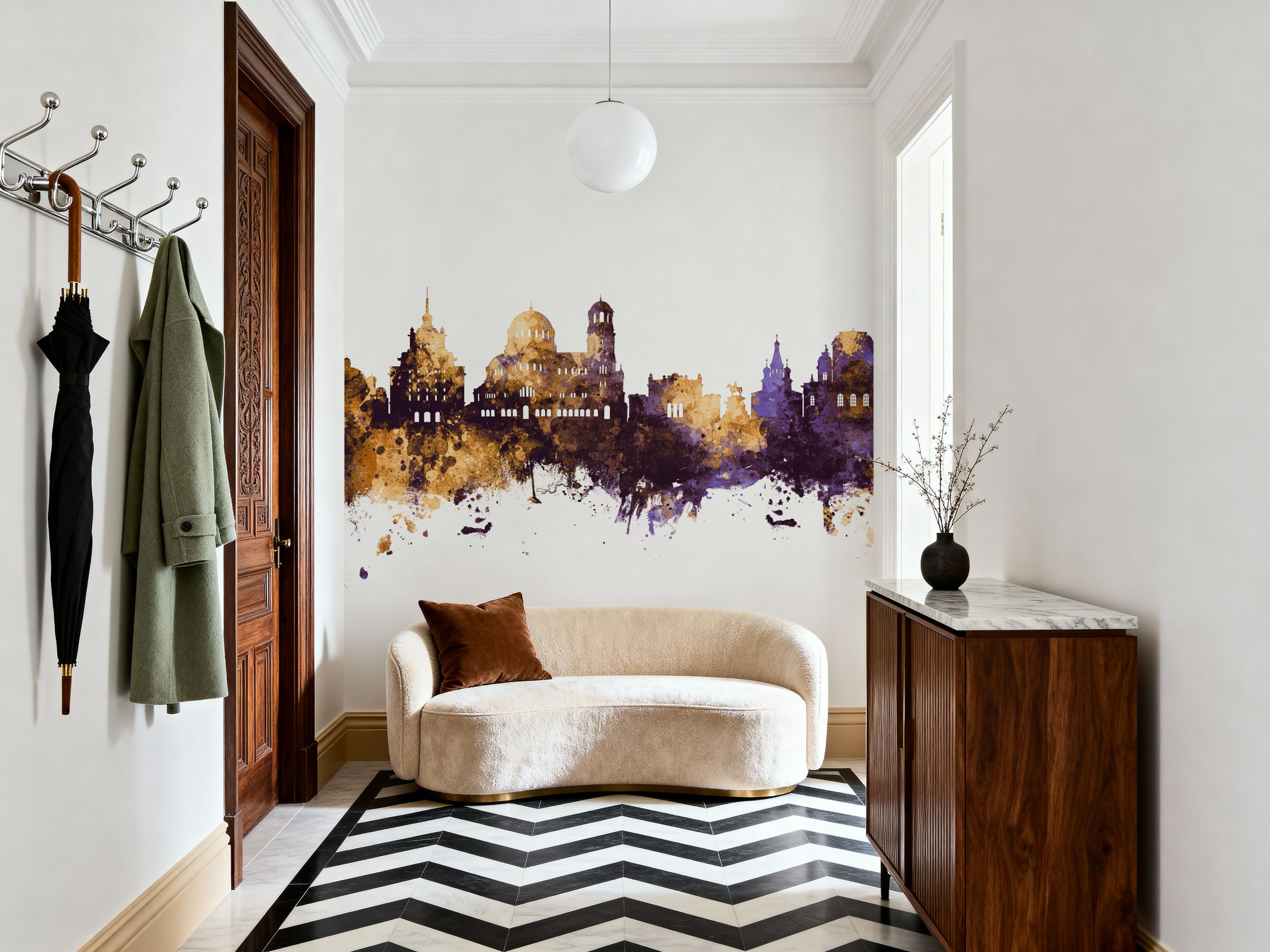 Sofia Bulgaria Skyline Purple & Gold, Behang