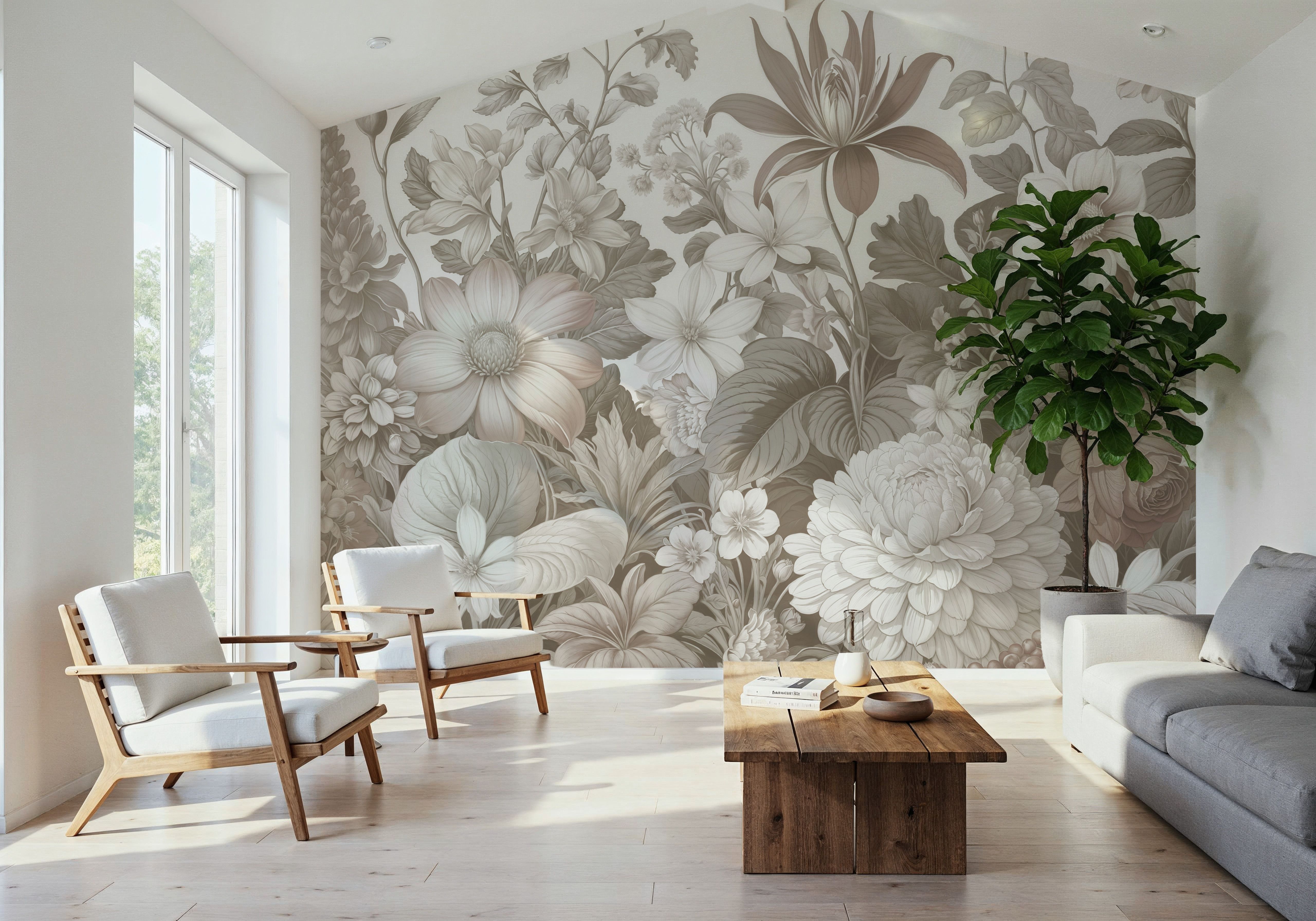 Dahlia Days, Greige, Wallpaper