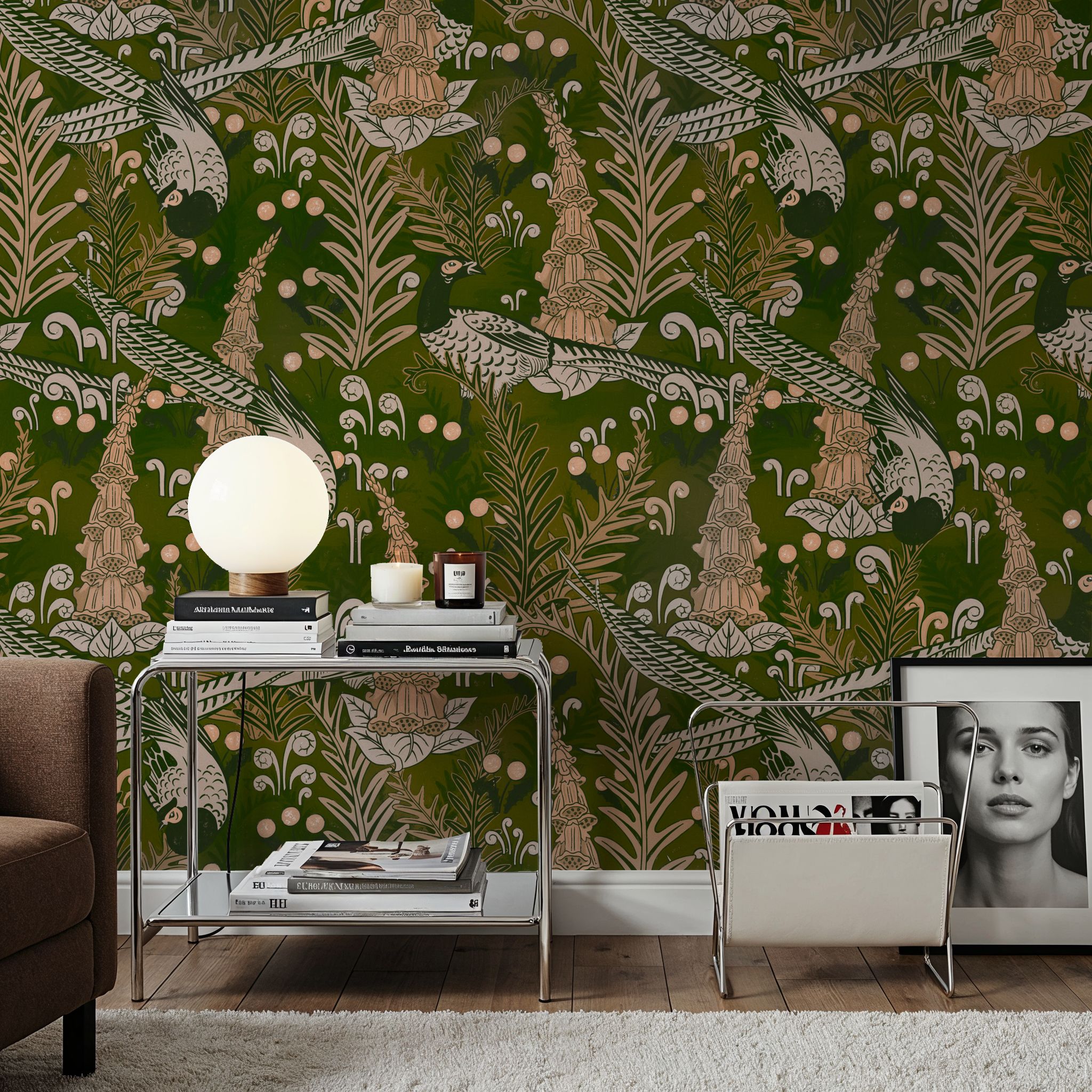 Papier Peint Panoramique - Underwater Peacocks - Arts et métiers Sauvage - Vert - Salon - Wallism Belgique - Encollage au mur ou Autocollant