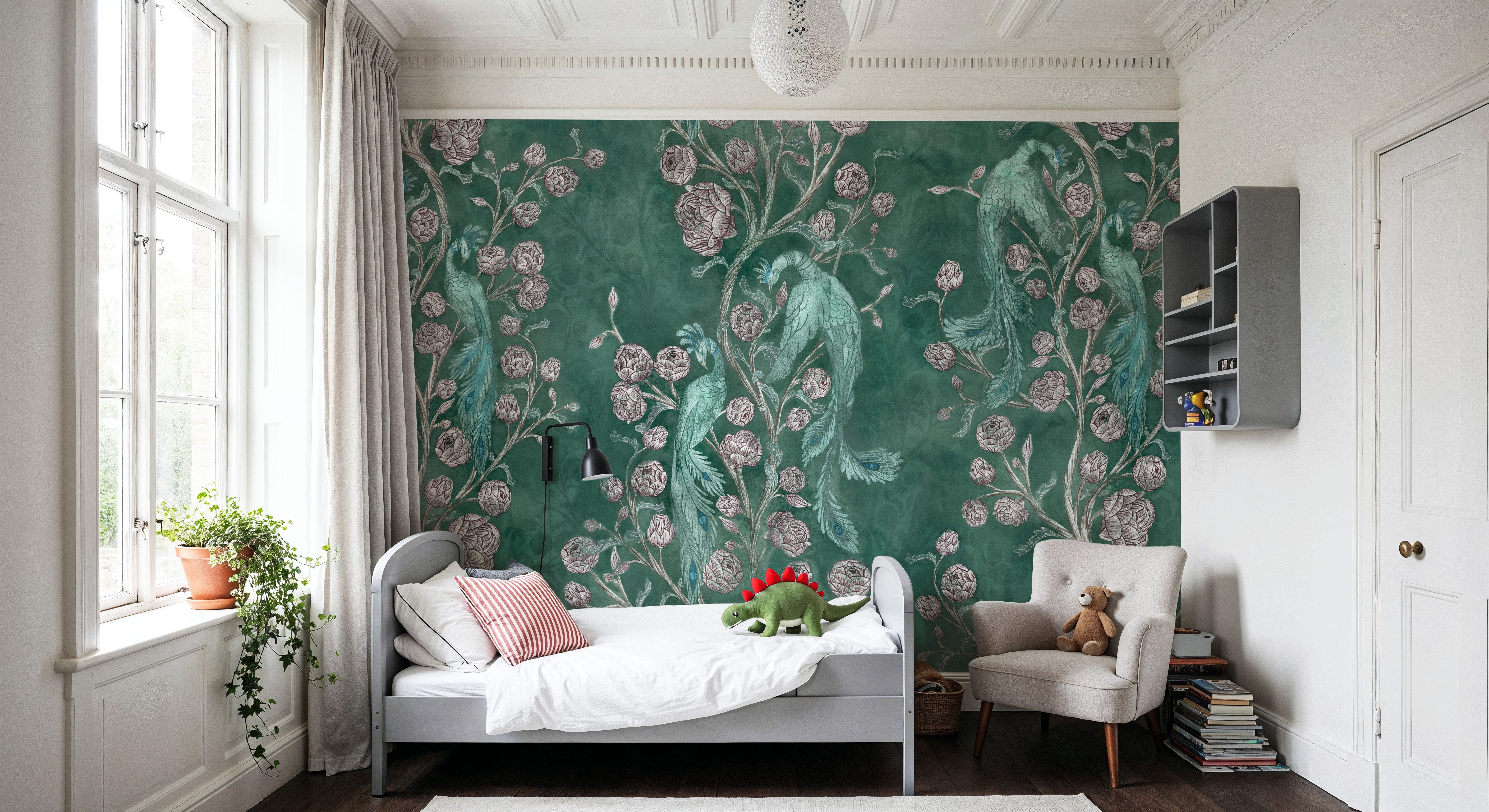 Peacock and Peony Chinoiserie Pale Green, Behang
