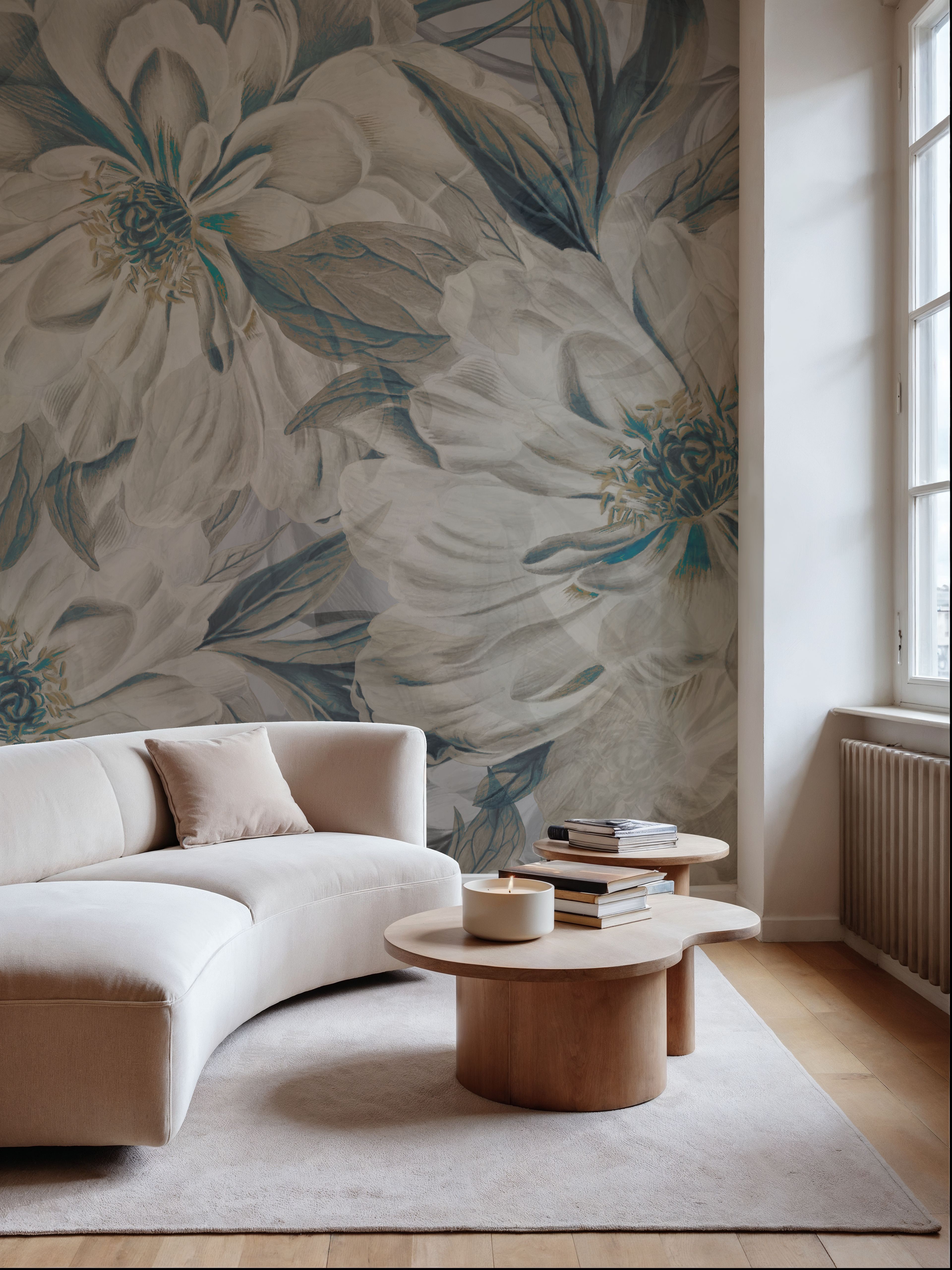 Wall Mural - Peony Study - Cream and Teal - Contemporary mural wallpaper - Living room - Wallism US - Premium, Textured or Peel & Stick