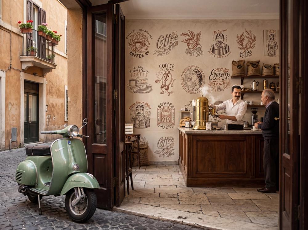 An interior photo of an Italian espresso bar seen from the outside with a light green Vespa parked by the entrance