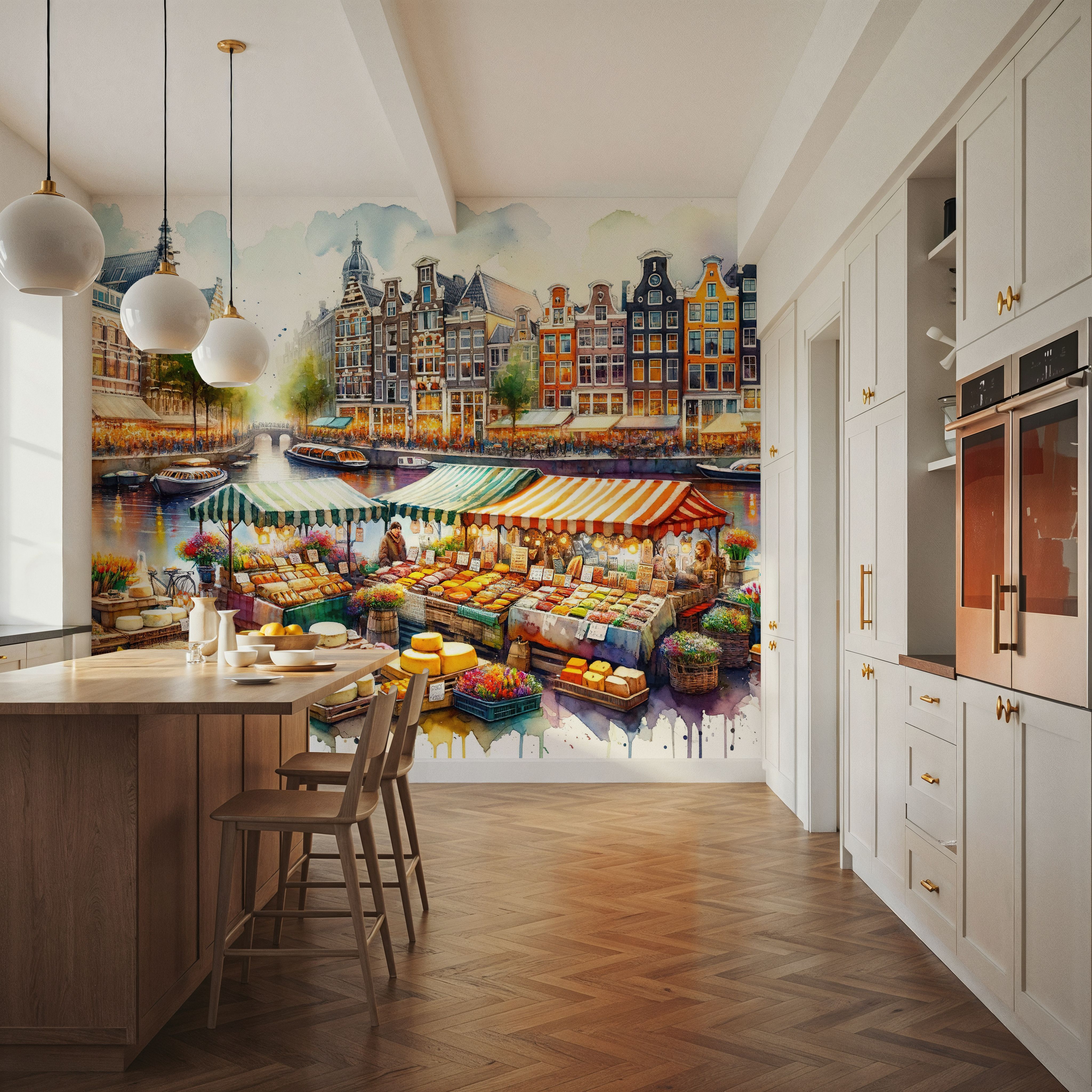 Wall Mural - Watercolor Market Scene Dutch Cheeses - Architecture Food & Drink mural wallpaper - Bedroom - Wallism US