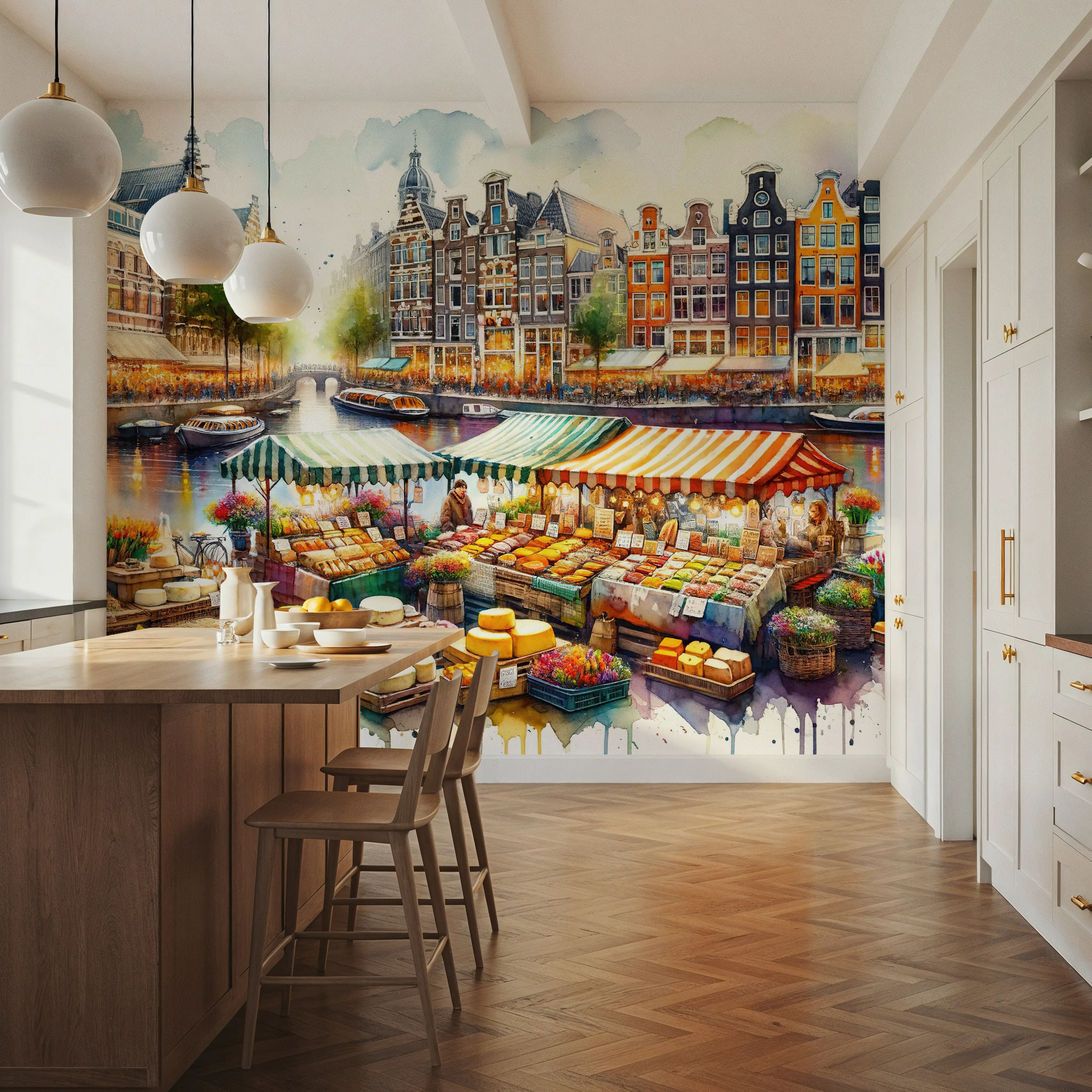 Fotobehang - Watercolor Market Scene Dutch Cheeses - Architectuur Eten en Drinken Mural - Oranje - Slaapkamers - Wallism België