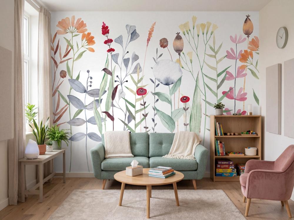 an interior photo of a school therapy room with a watercolor floral wallpaper mural on the wall