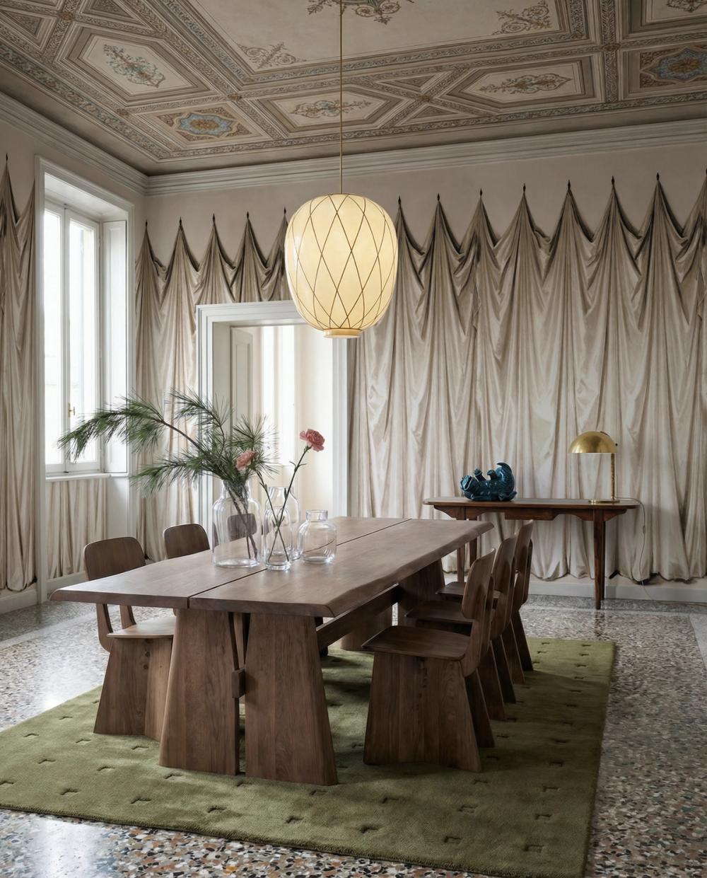 a photo of a dining room with a beige draped themed wallpaper on the walls