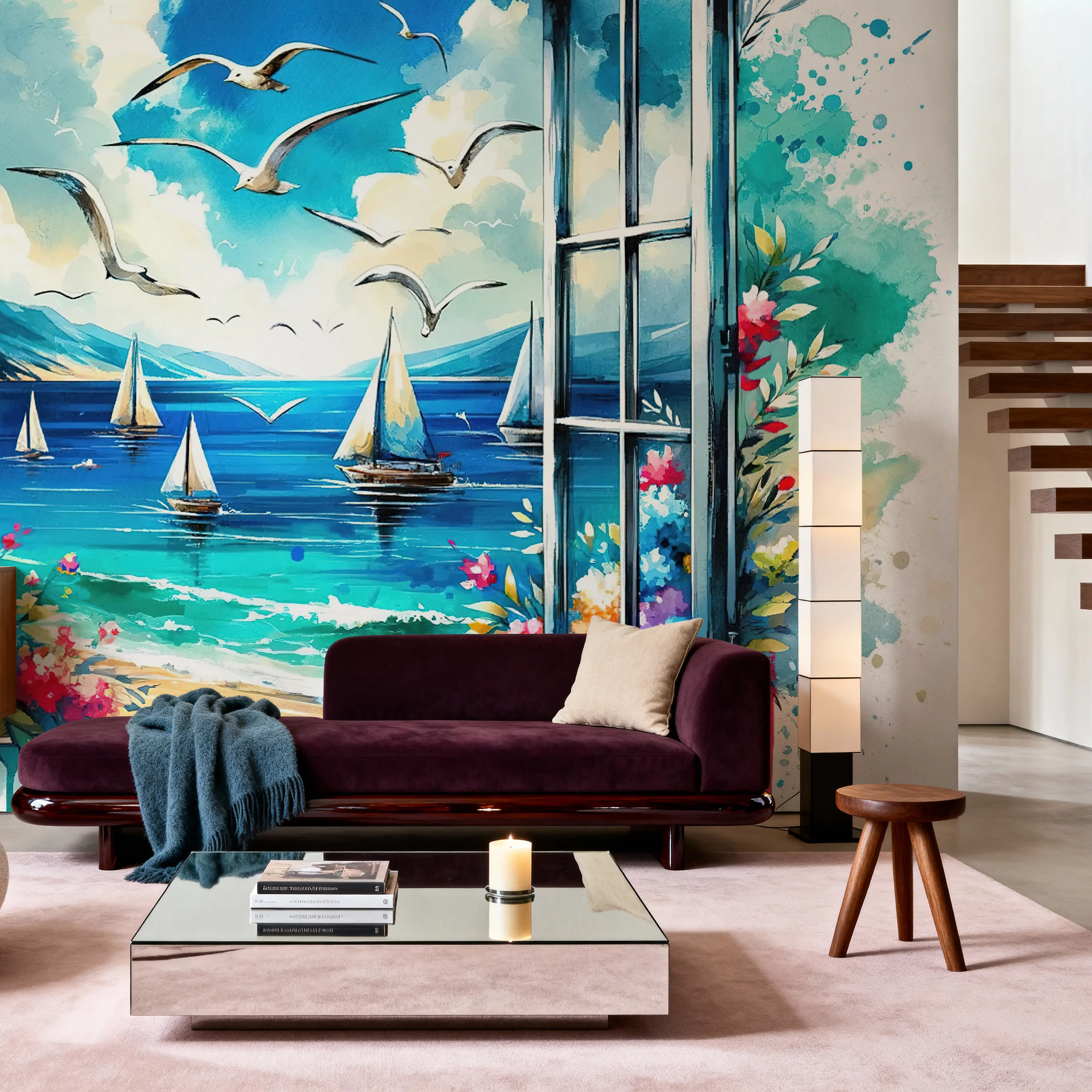 Fotobehang - Seaside View from Open Window - Vogels Dieren Mural - Blauw - Woonkamer - Wallism Nederland - Zelfklevend of Vliesbehang