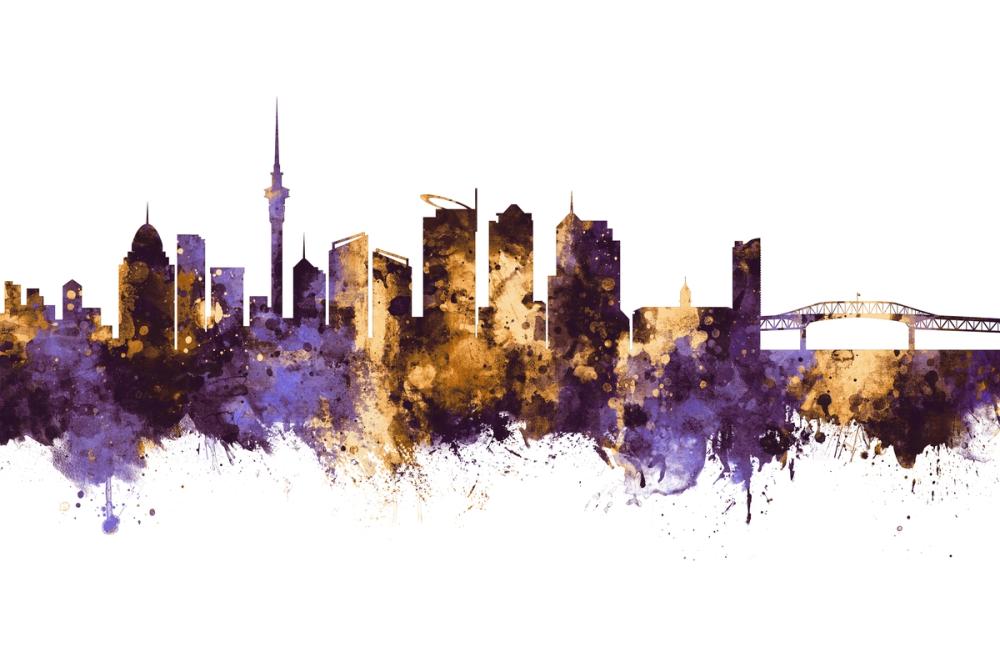 Auckland New Zeeland Skyline Purple & Gold