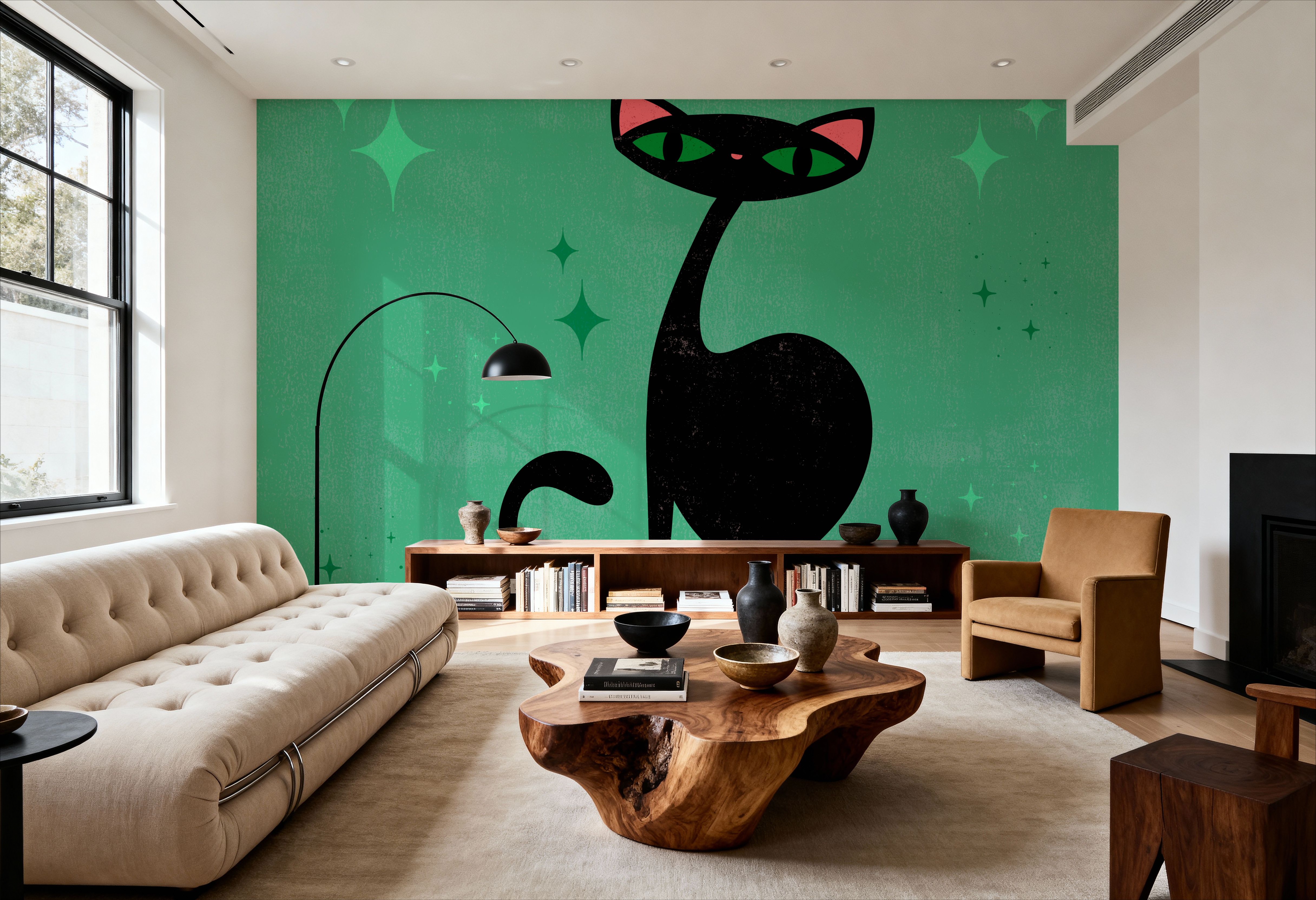 Retro Cat, Green, Wallpaper