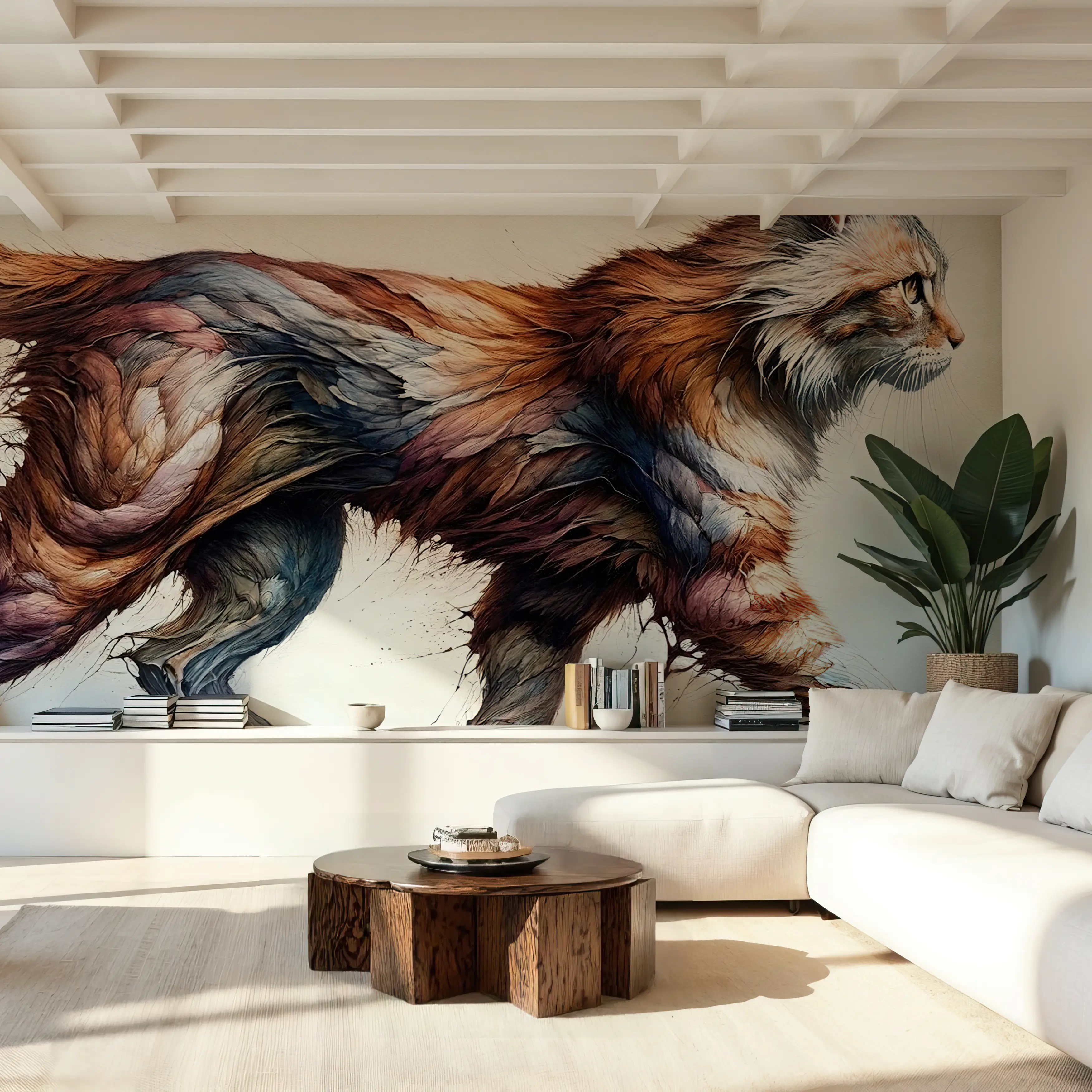 Papier Peint Panoramique - Powerful Cat - Abstrait Animaux - Marron - Couloir et escaliers - Wallism Belgique - Encollage au mur ou Autocollant