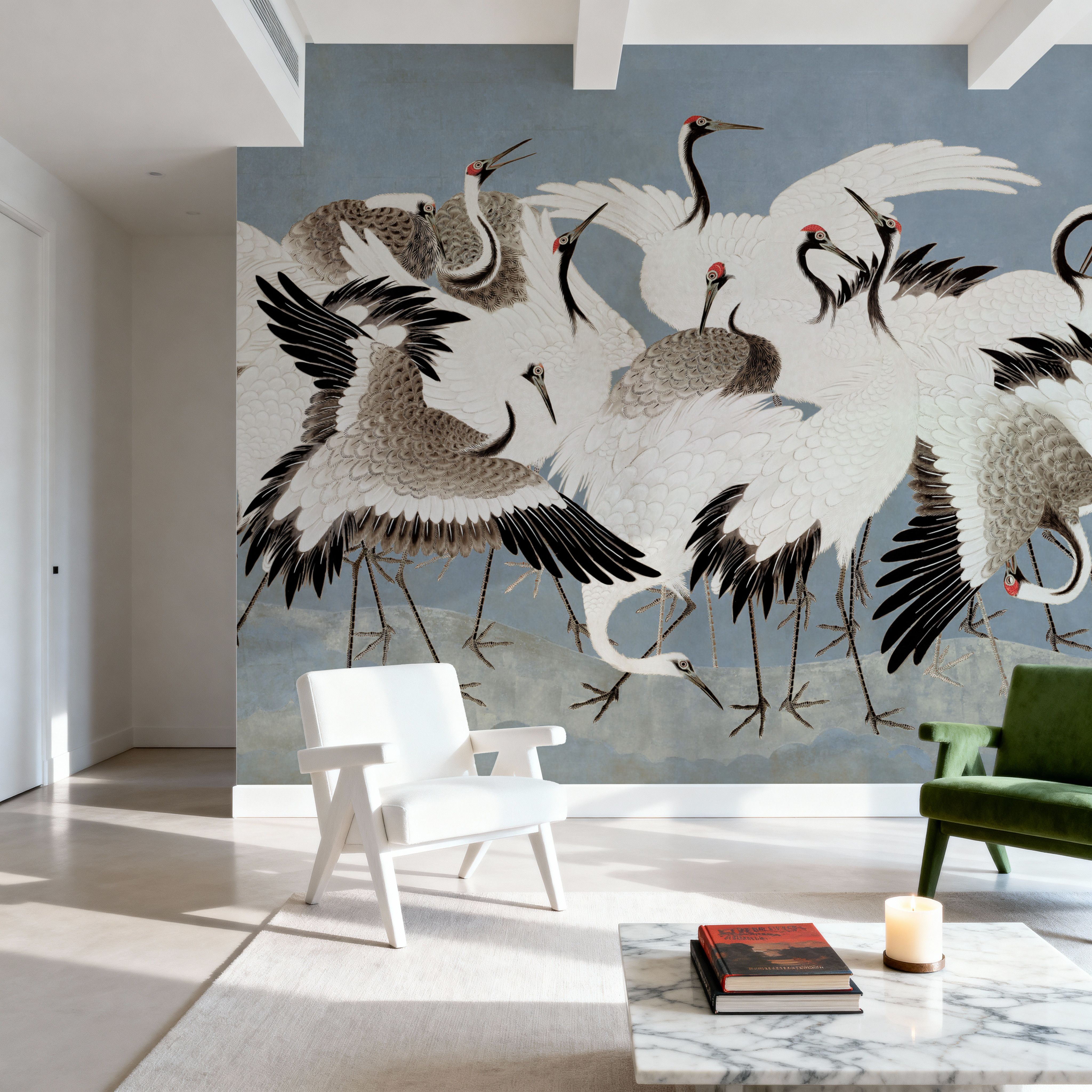 Japanese Flock of Cranes, Misty Sky