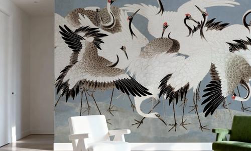 Japanese Flock of Cranes, Misty Sky