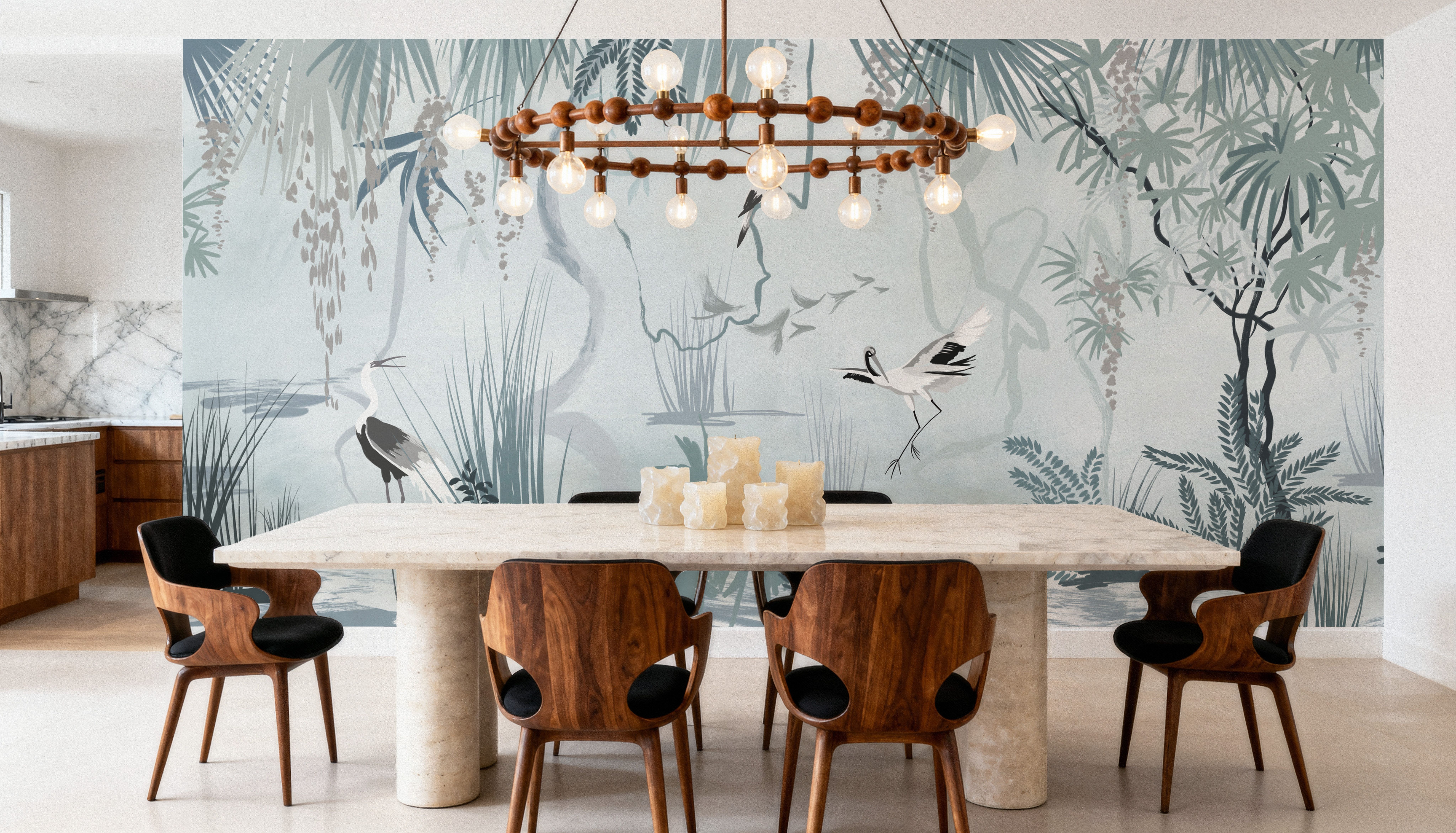 Painted Herons Scenery, Mineral Green, Wallpaper