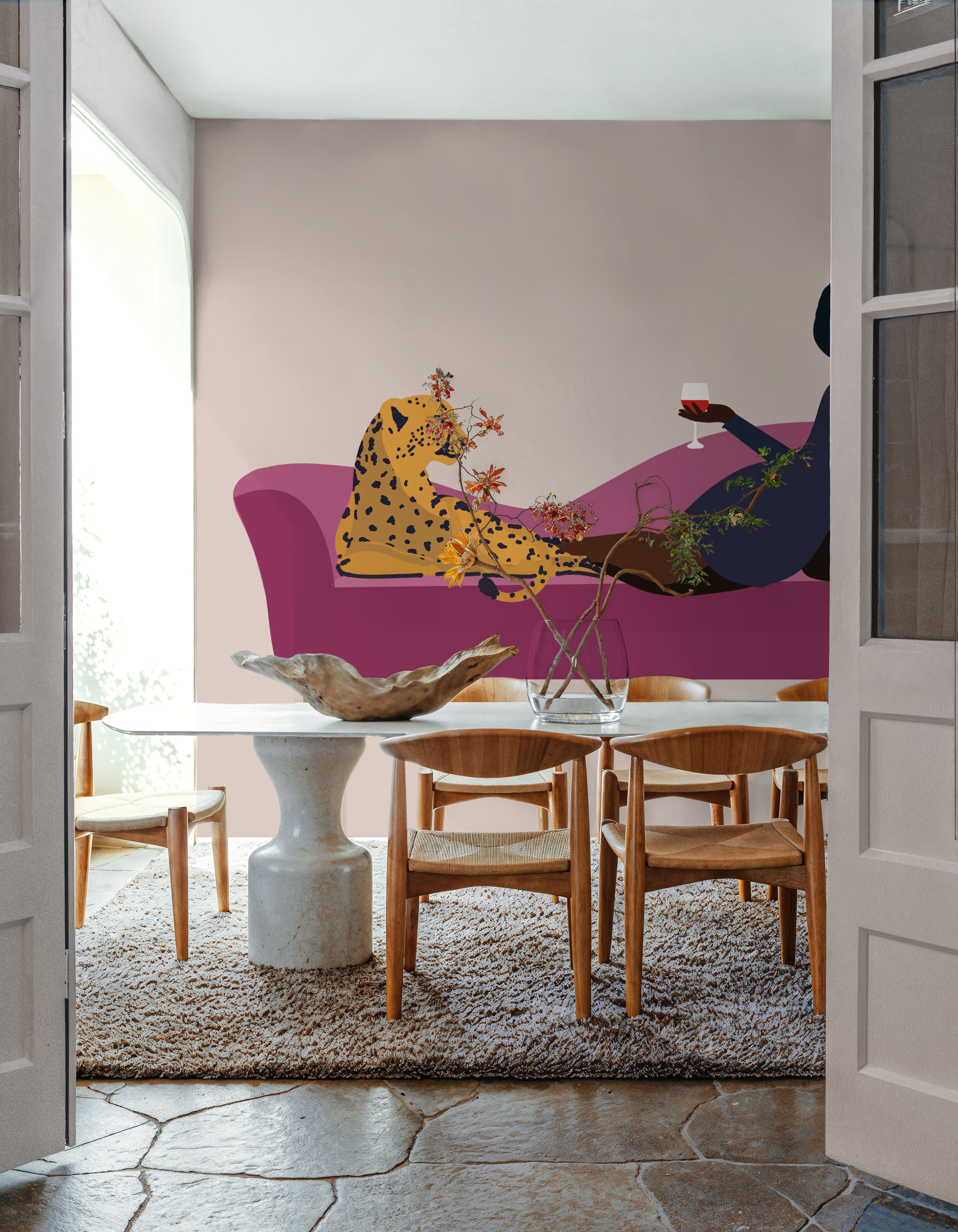 Wall Mural - Chill Lounge - Graphics Wild mural wallpaper - Pink - Dining Room - Wallism US - Premium, Textured or Peel & Stick