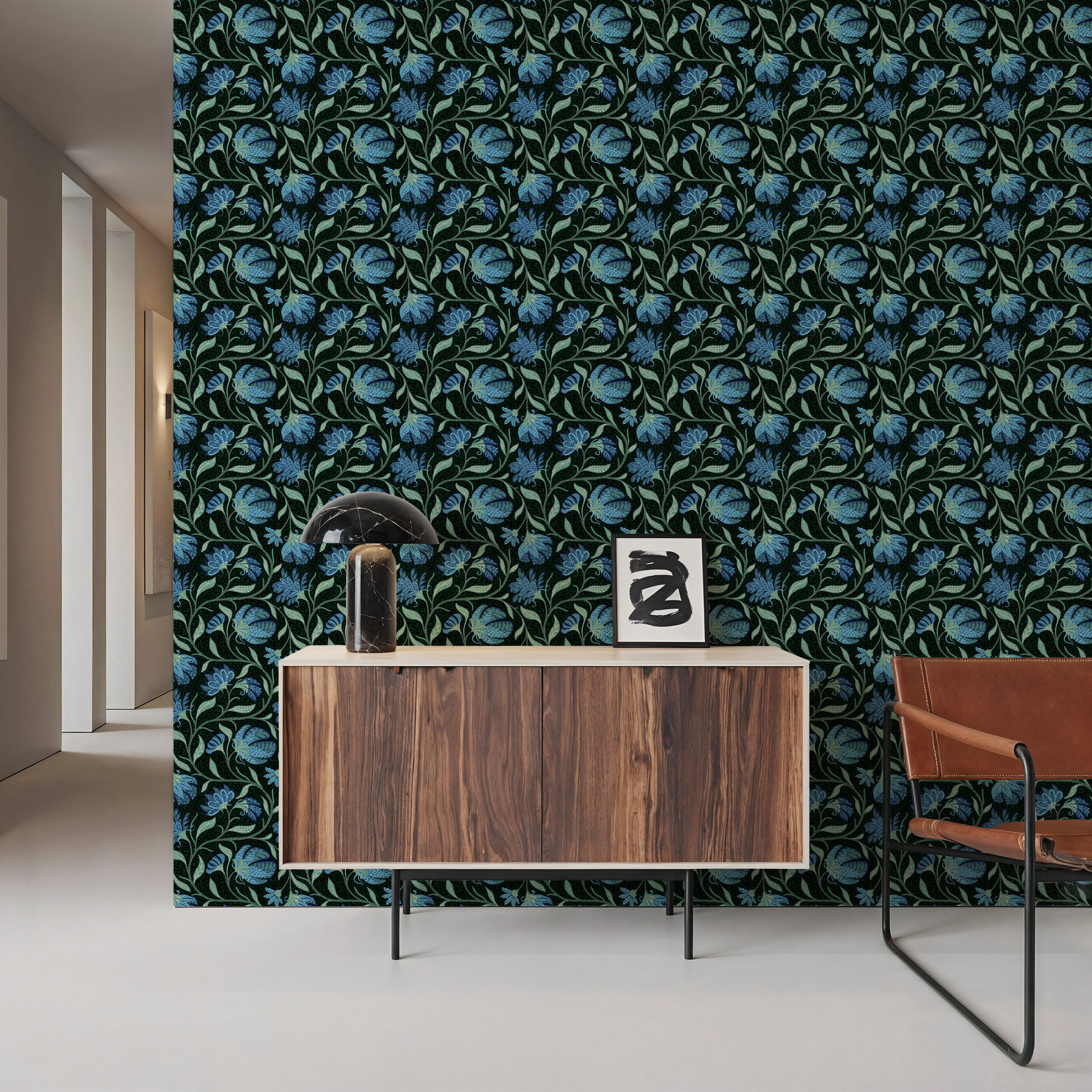 Indial Floral, Teal on Midnight, Papel de parede