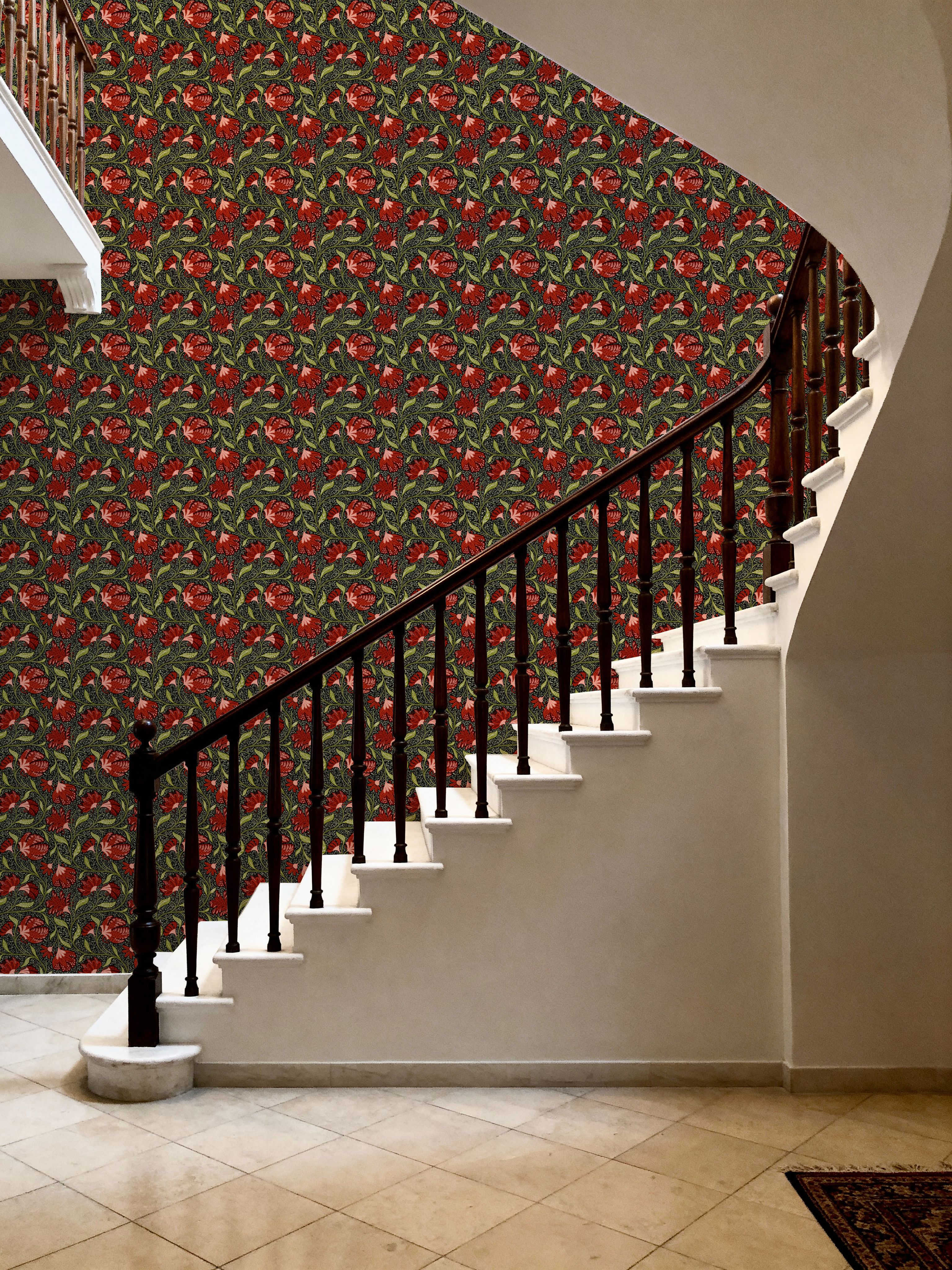 Indial Floral, Vermilion on Midnight