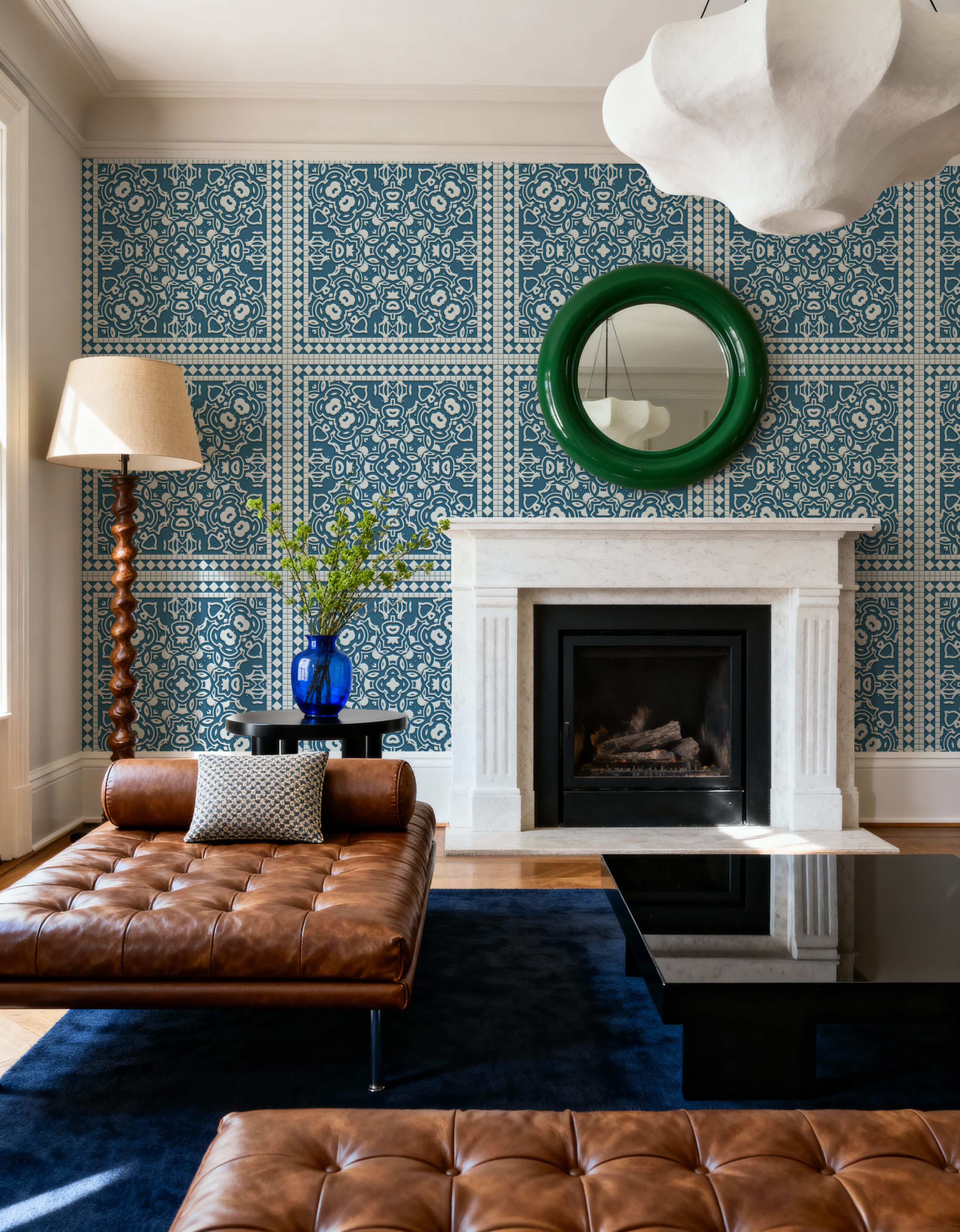 Mission Cement Tiles, Steel Blue, Wallpaper