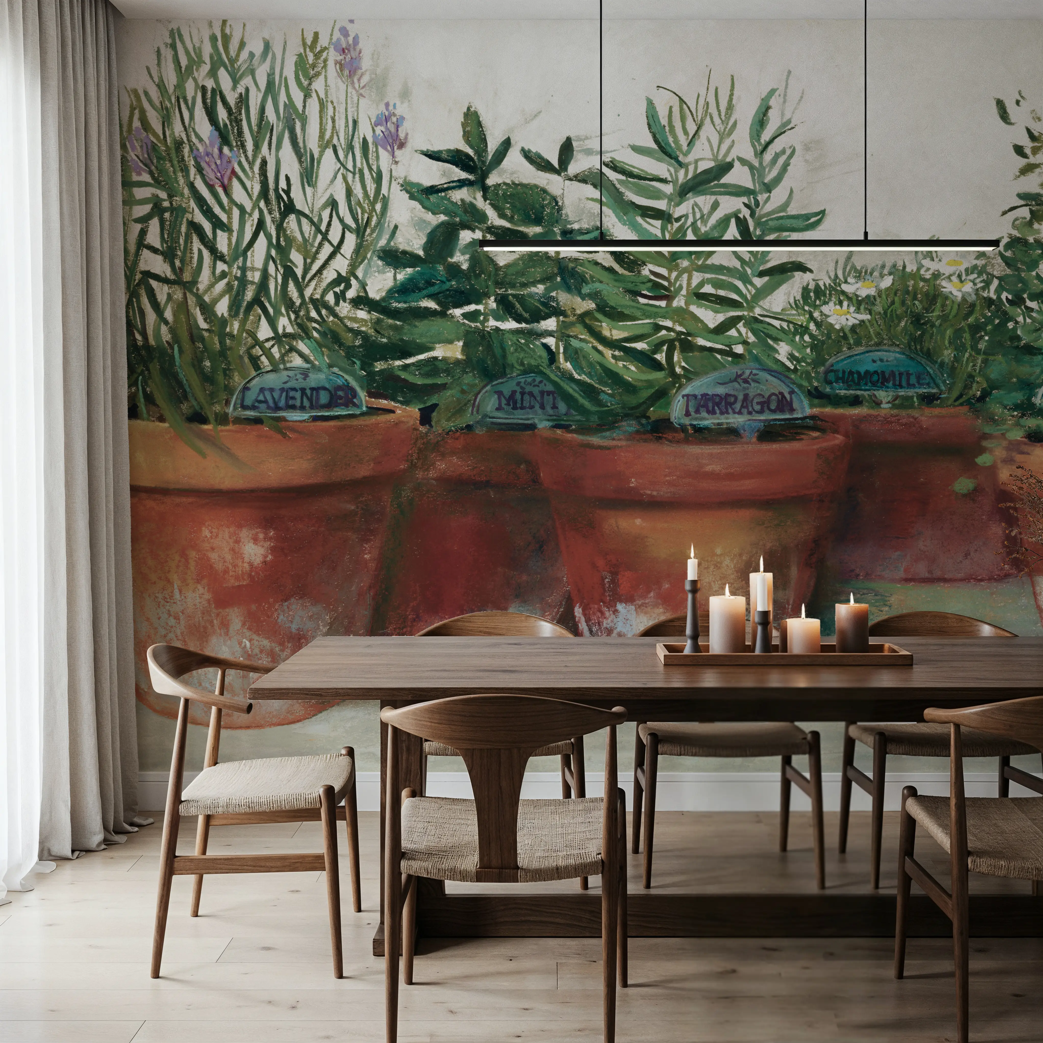 Papier Peint Panoramique - Sage Pots - Floral Nature - Vert - Salon - Wallism Belgique - Encollage au mur ou Autocollant