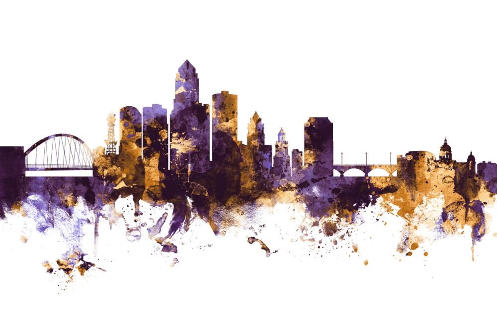 Des Moines Iowa Skyline Purple & Gold