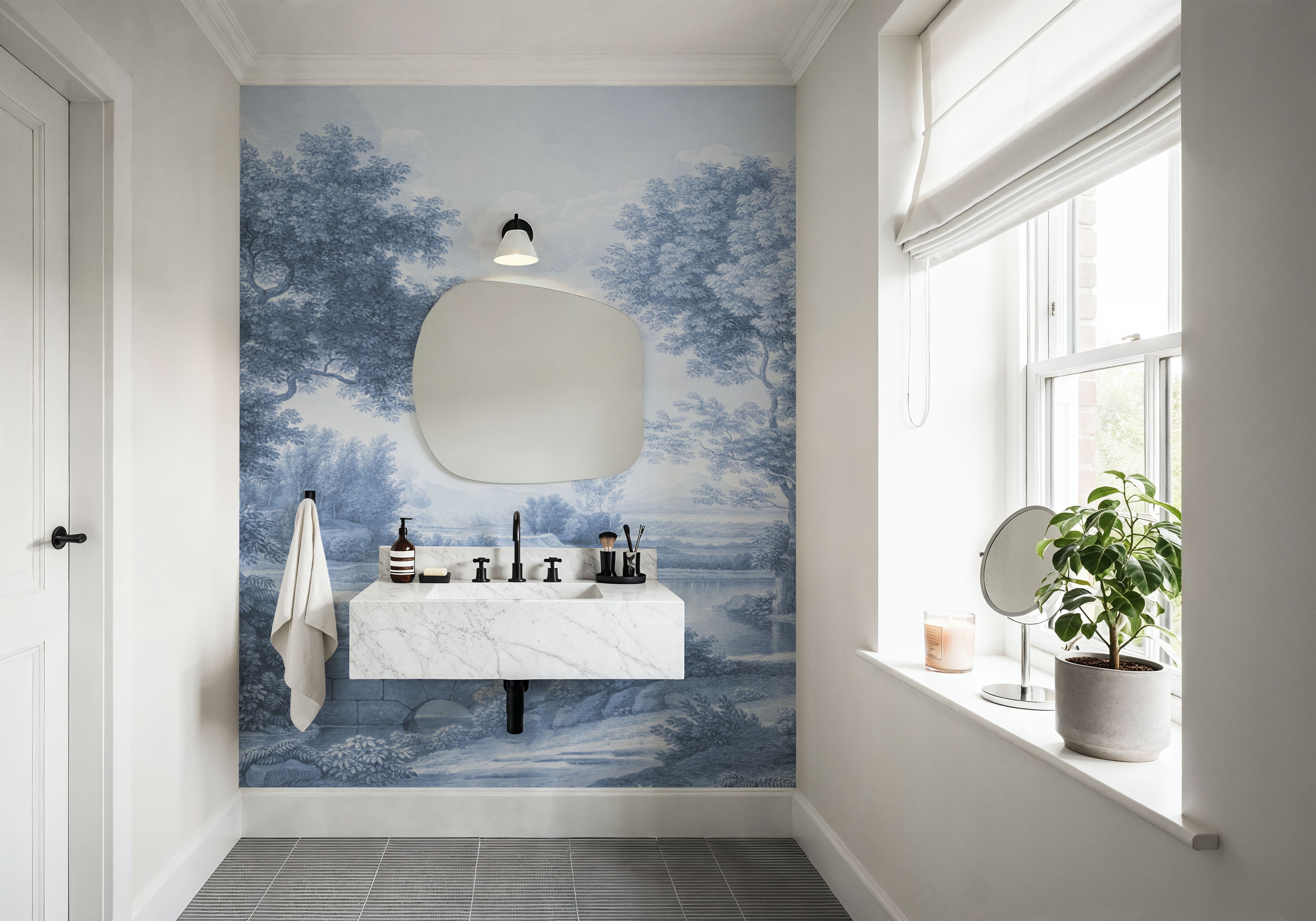 Riverbank Oak Landscape, Blues, Papier peint