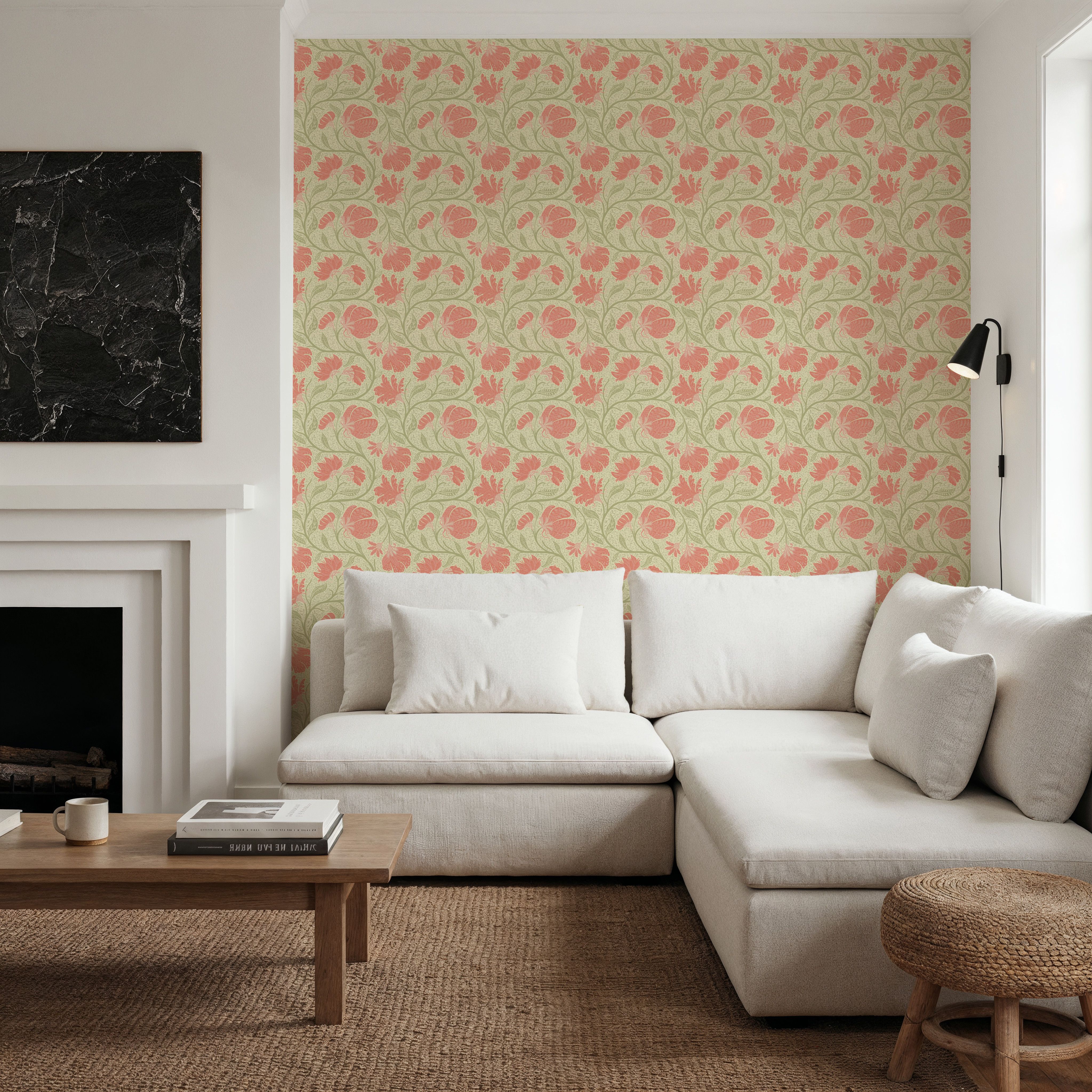 Indial Floral, Peach on Light Green