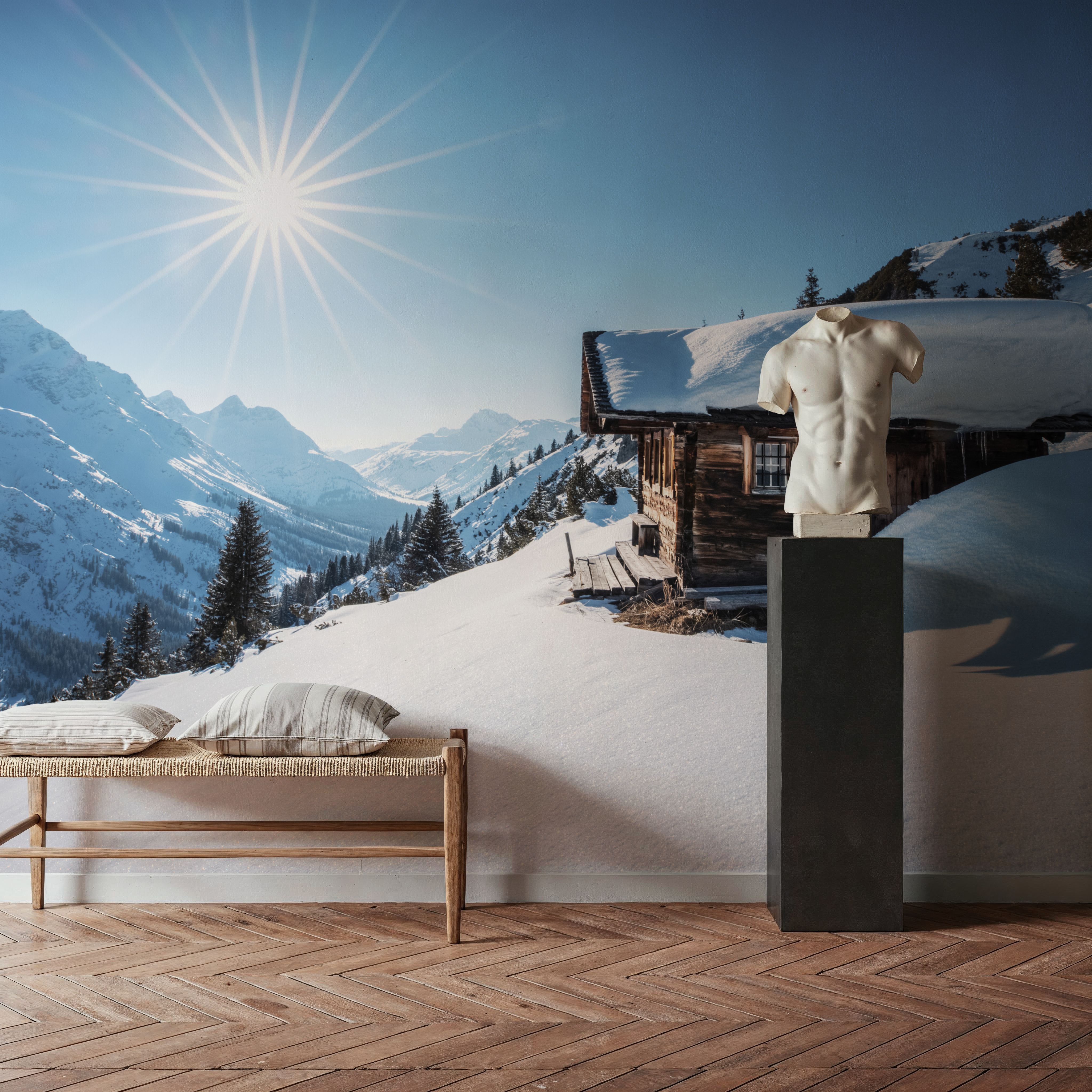 Wall Mural - Zug Hut - Mountains Snow mural wallpaper - White - Bedroom - Wallism US - Premium, Textured or Peel & Stick