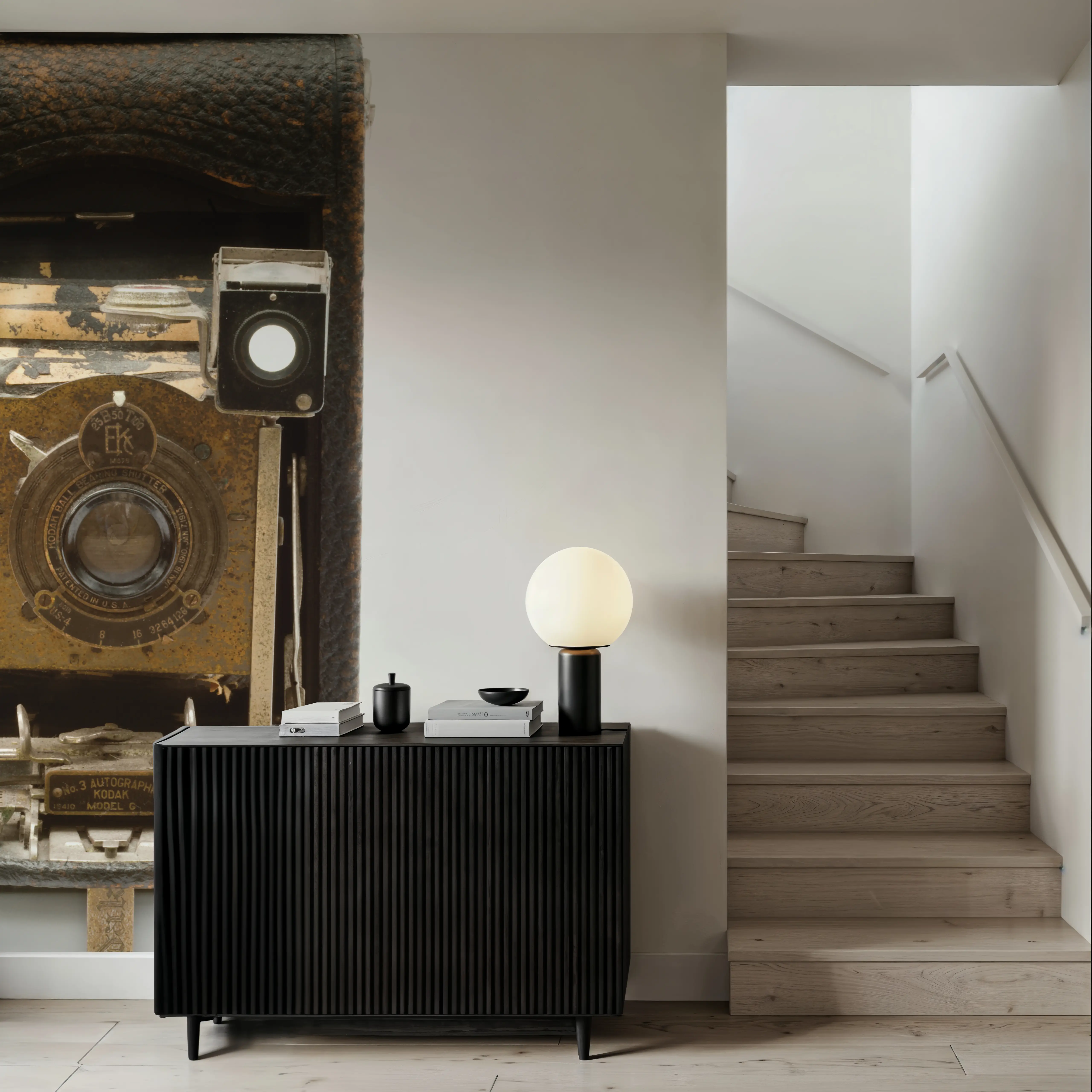 Fotobehang - Vintage Camera - Folk Hobby Mural - Bruin - Eetkamer - Wallism België - Zelfklevend of Vliesbehang