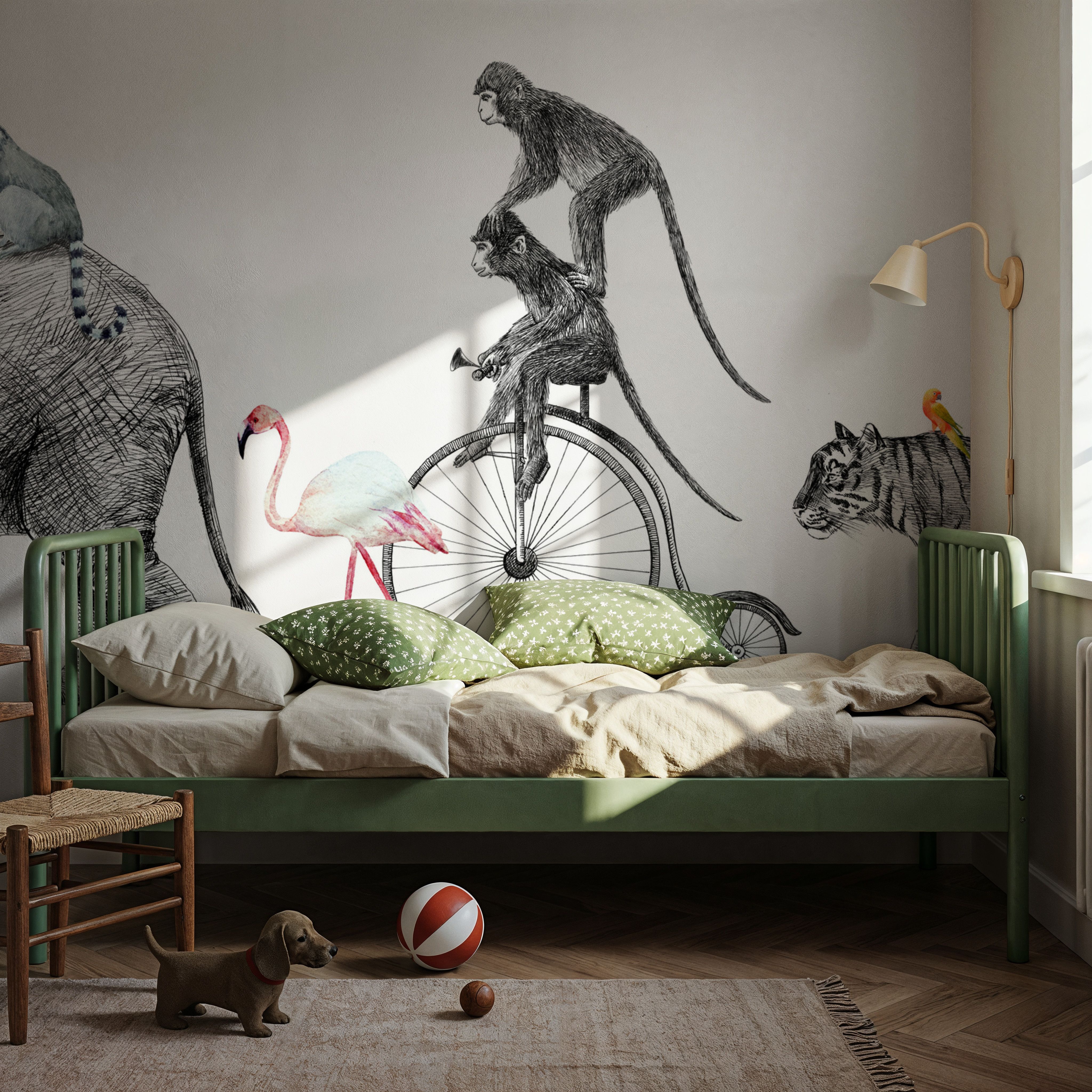 Fun Illustration of Elephant, Tiger & Monkeys on a Walk
