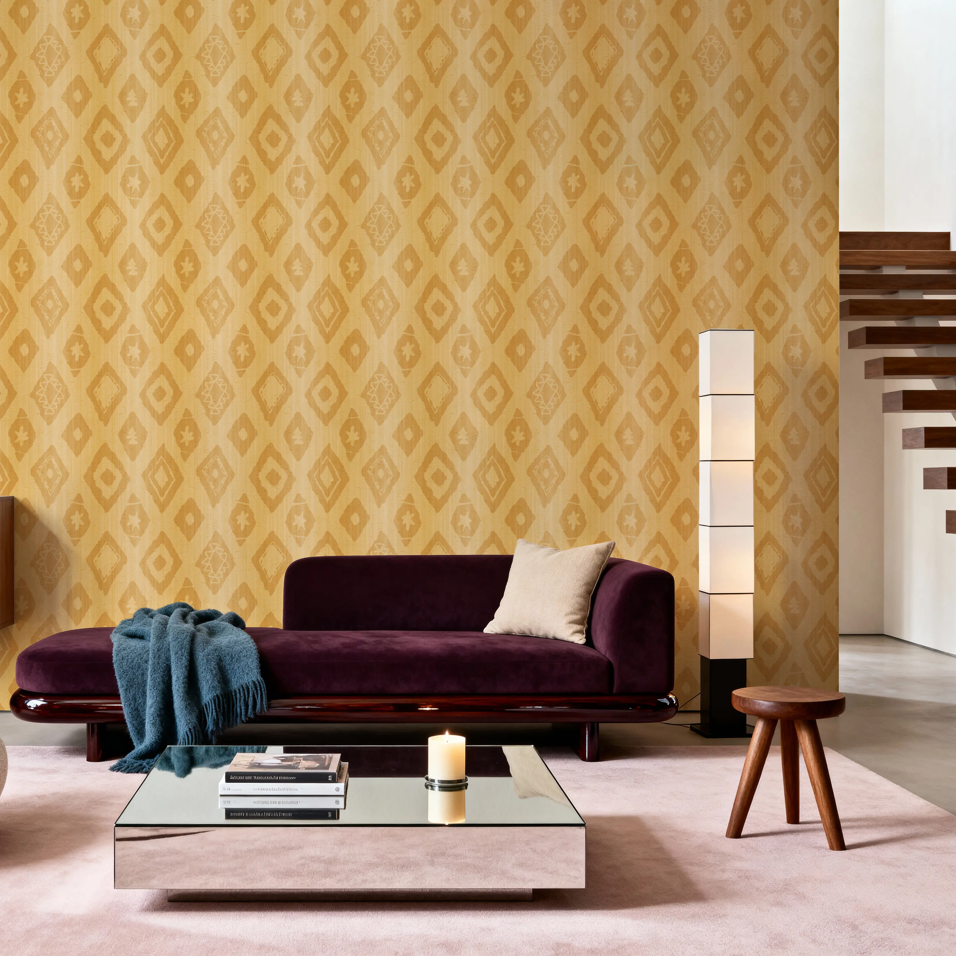 Behang - Seeing Boho Yellow - Diamanten Klassiek Ikat - Geel - Woonkamer - Wallism België - Zelfklevend of Vliesbehang