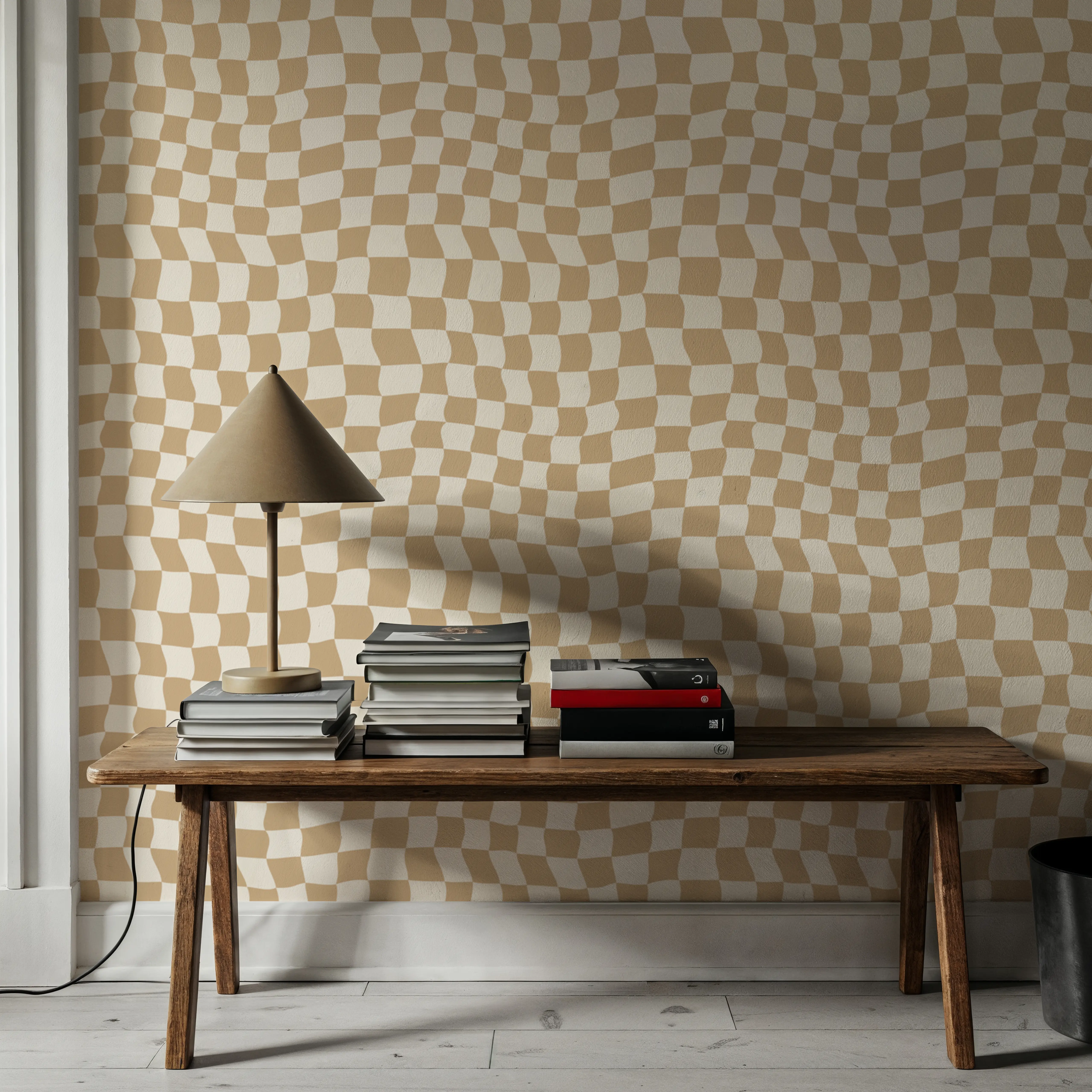 Papier Peint - Warped Checkerboard - Carrés - Marron - Bureaux - Wallism Belgique - Encollage au mur ou Autocollant