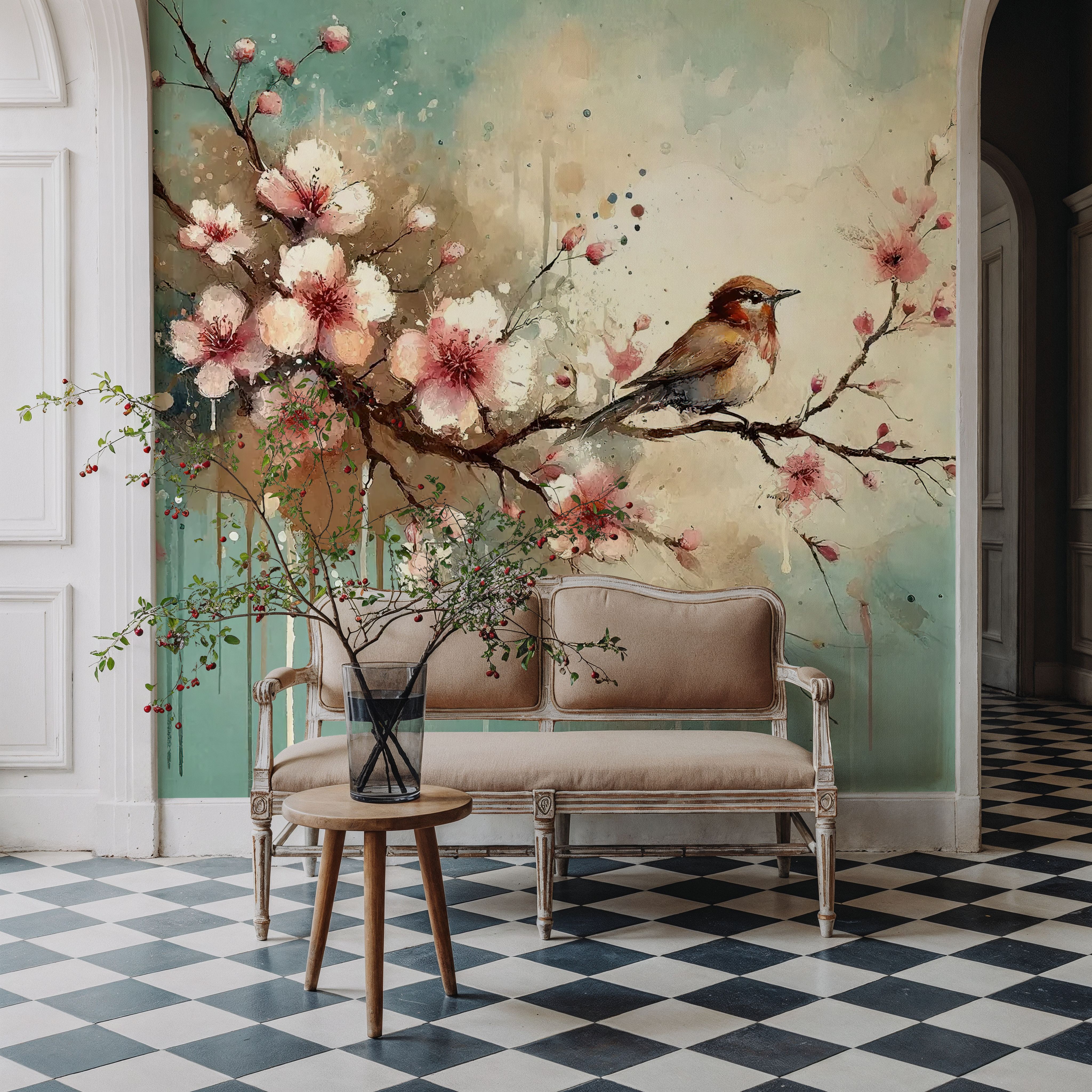 Cherry Blossoms Whispers on Teal Breeze