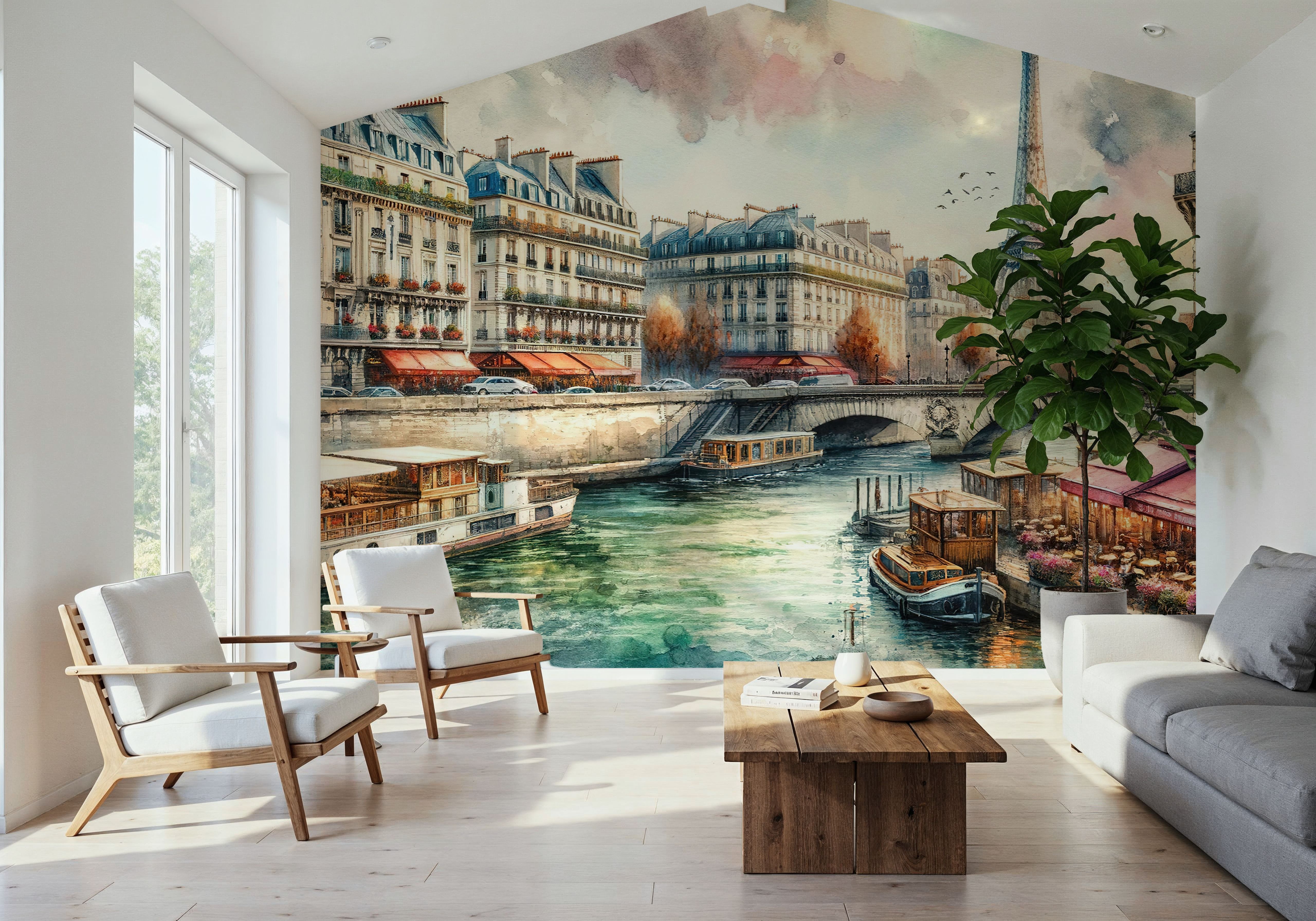 Parisian River Scene with Eiffel Tower, Wallpaper