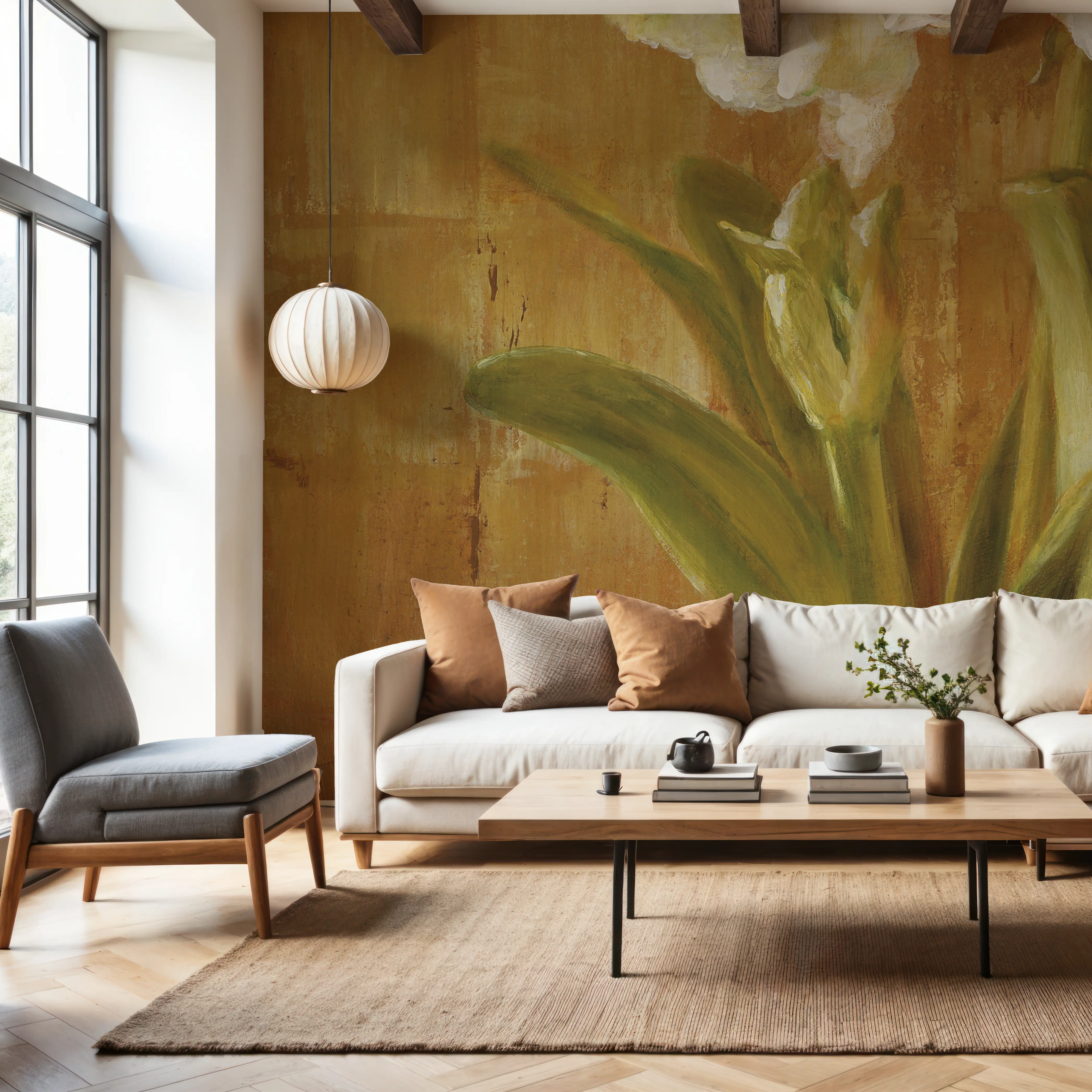 Fotobehang - White Amaryllis on Bronze - Hedendaagse Kunst Bloemen Mural - Oranje - Woonkamer - Wallism Nederland - Zelfklevend of Vliesbehang