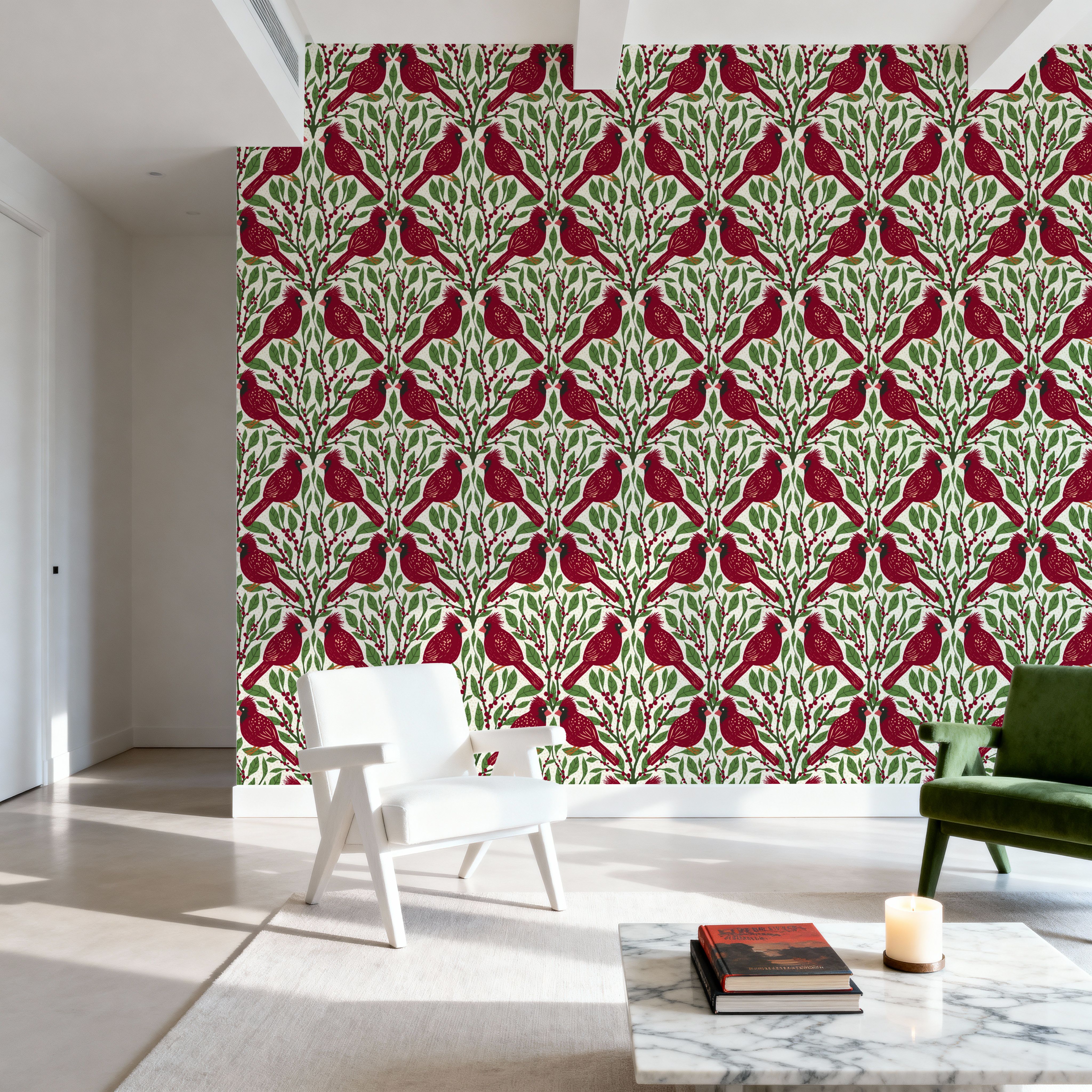 Cardinals & Winterberries, Green