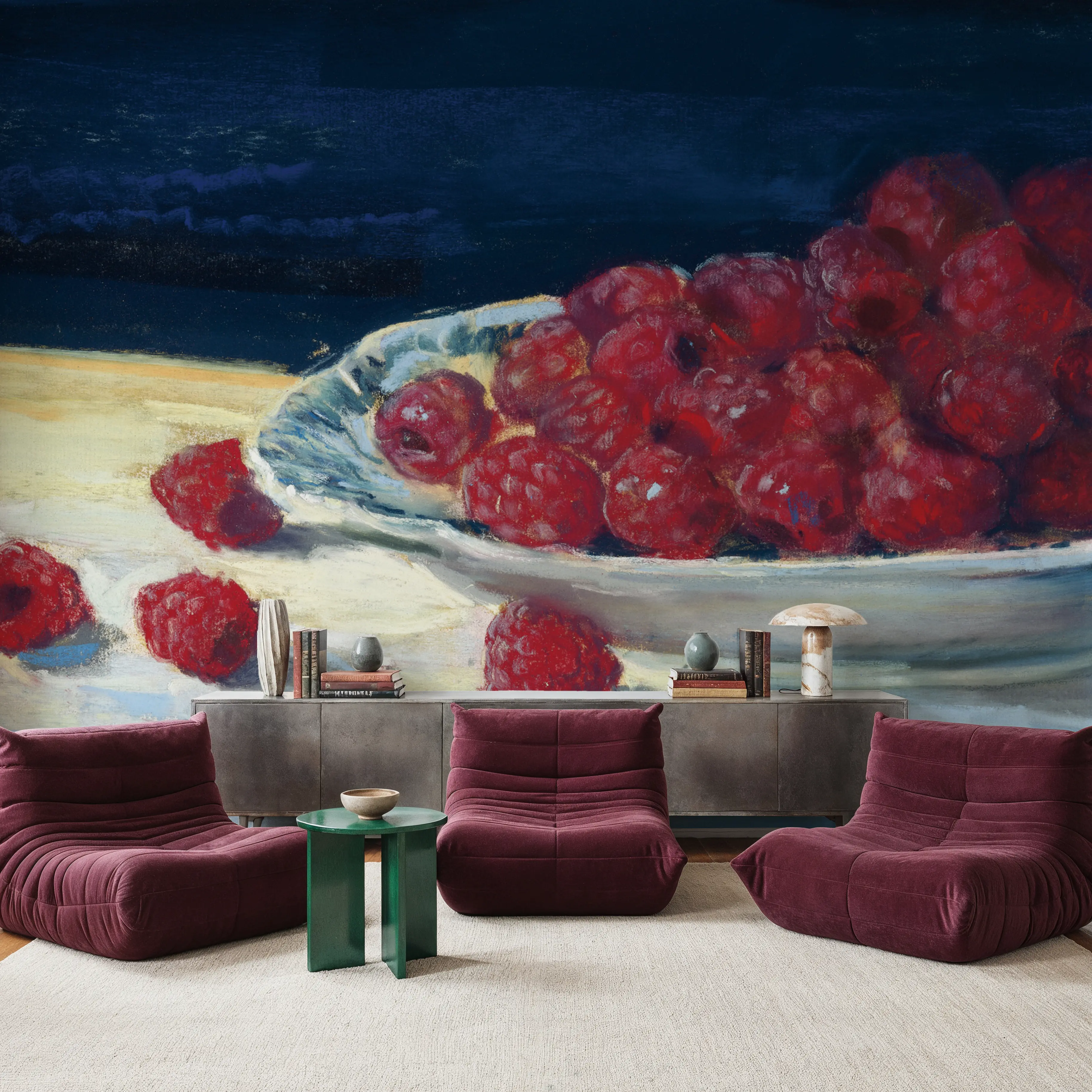 Wall Mural - Bowl of Raspberries - Floral Nature mural wallpaper - Red - Offices - Wallism UK - Peel & Stick or Paste-the-Wall