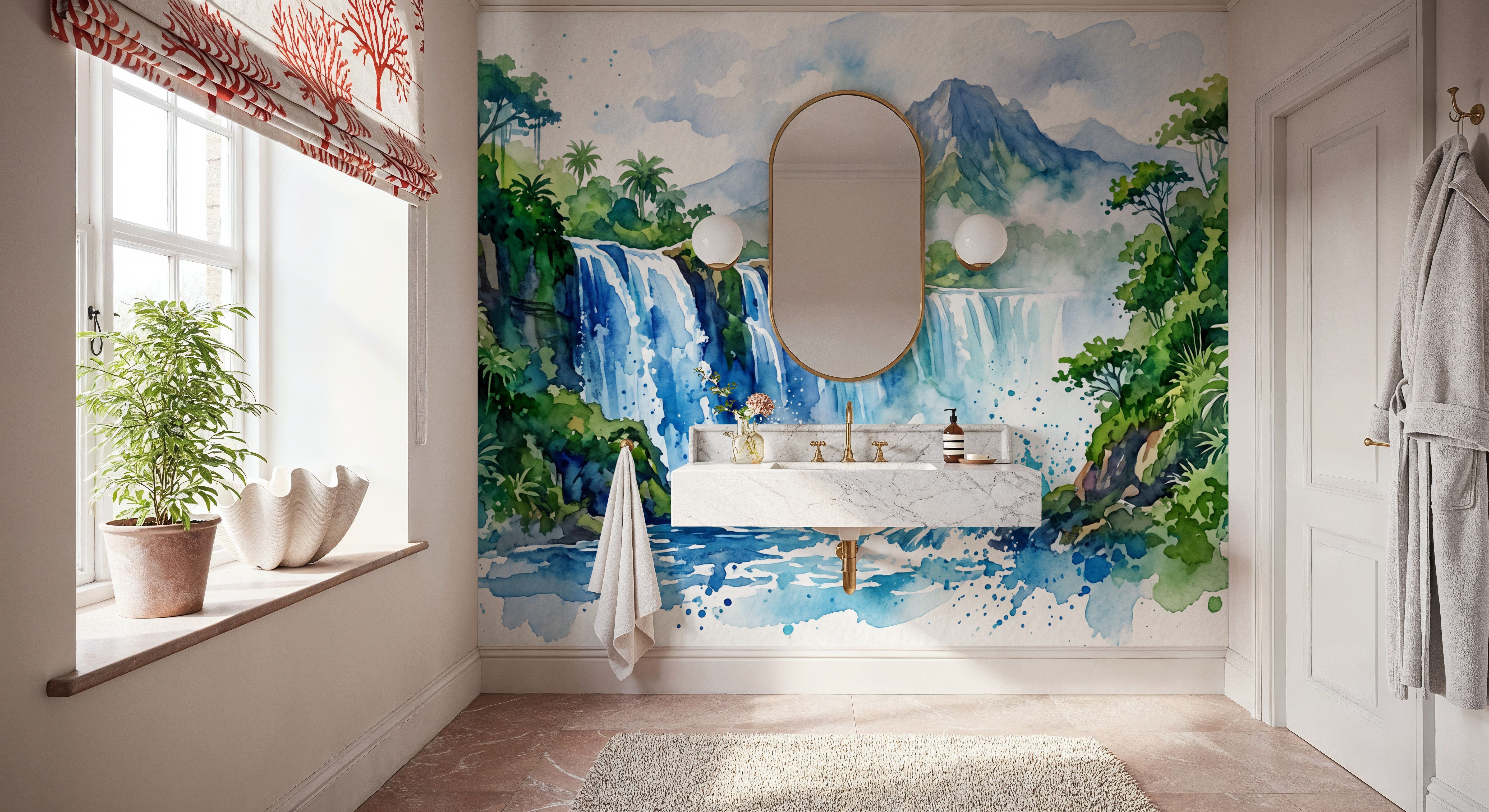 Tropical Waterfall - Watercolor Landscapes Series, Wallpaper