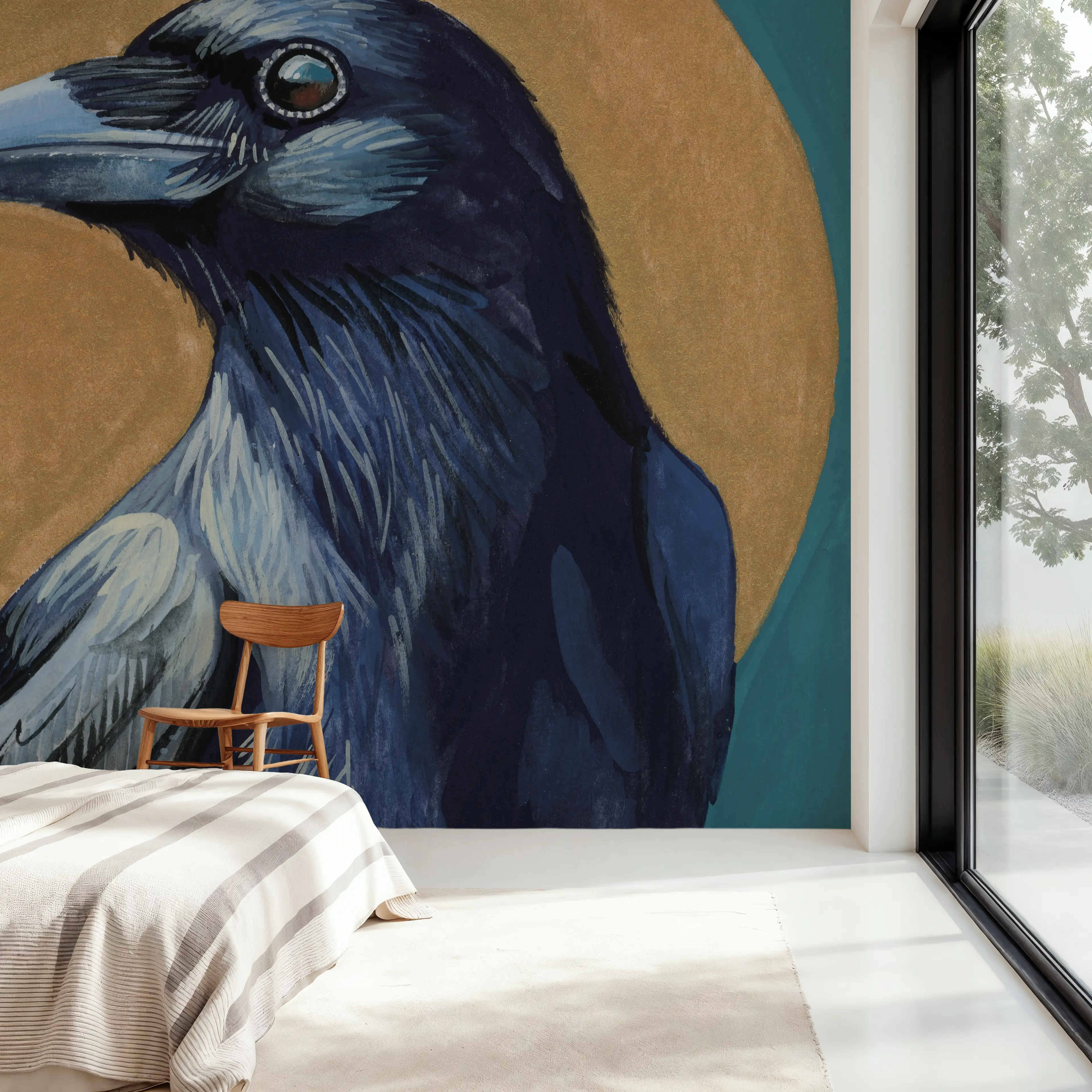 Papier Peint Panoramique - Crow and Golden Sun - Oiseaux Animaux - Bleu - Salle à manger - Wallism Belgique - Encollage au mur ou Autocollant