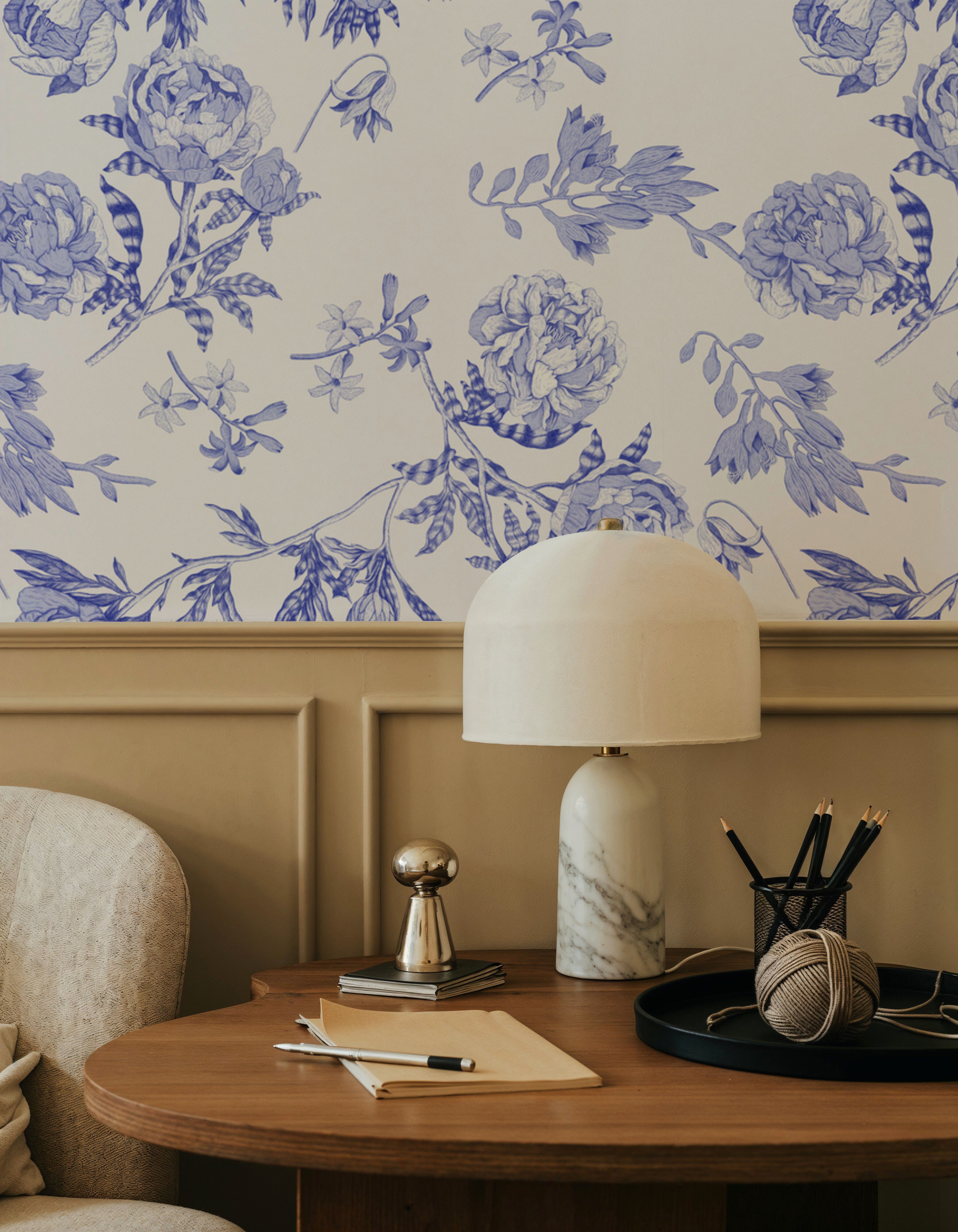 Peony Passion, Blue on White