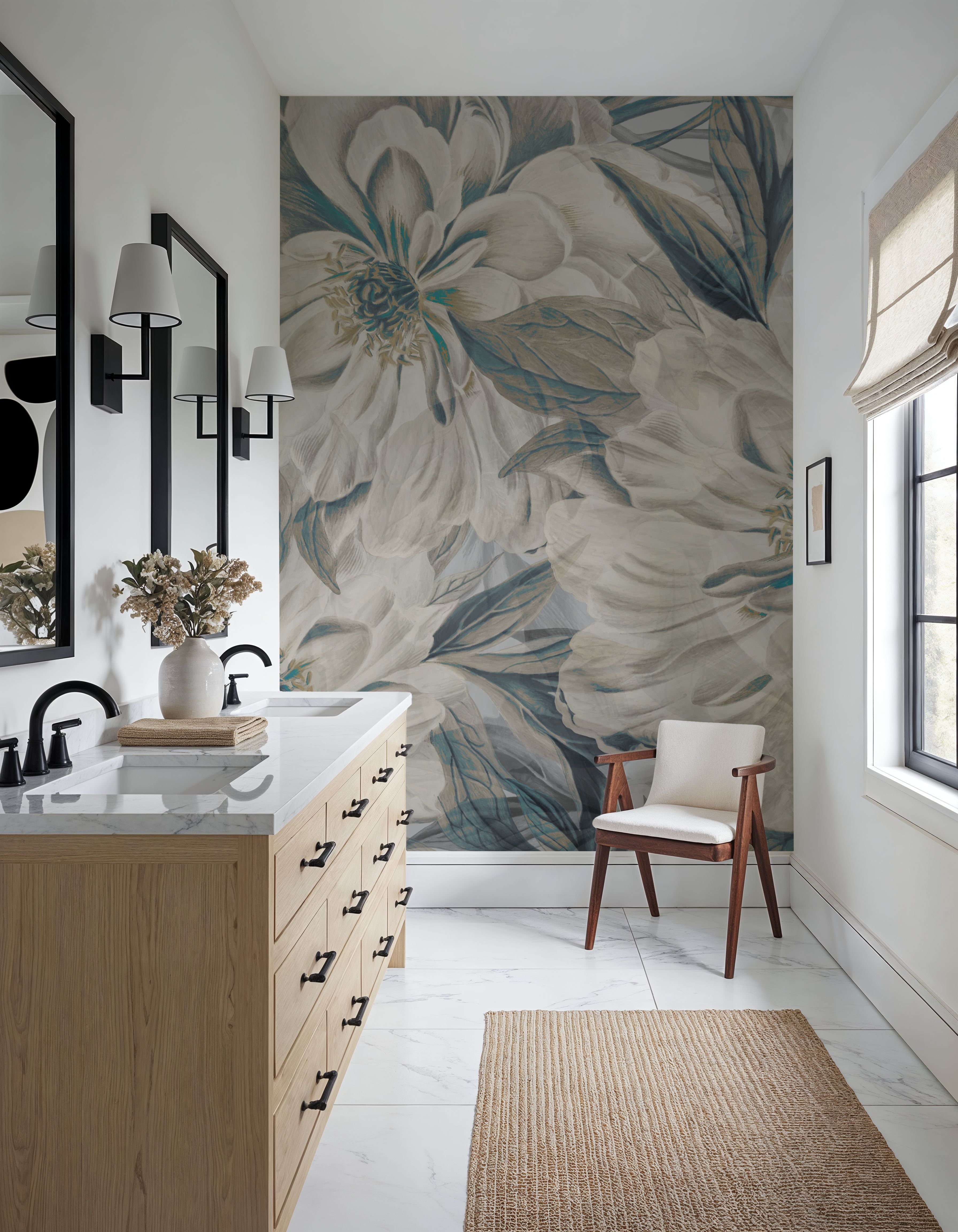 Peony Study - Cream and Teal