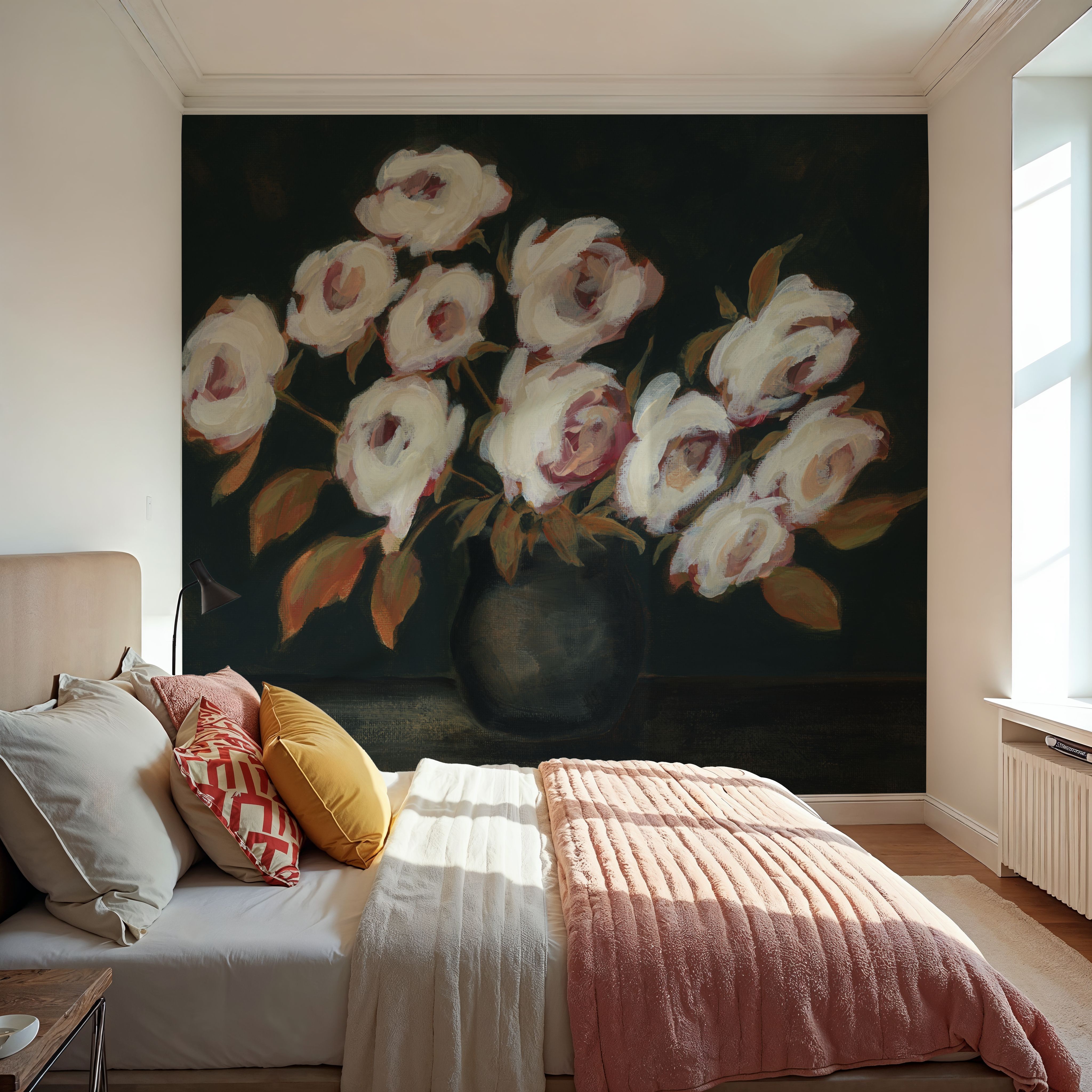 Wall Mural - Moody Roses - Floral Nature mural wallpaper - White - Living room - Wallism US - Premium, Textured or Peel & Stick